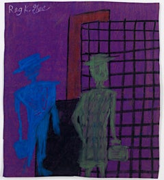 "Two Citizens, " Figurative Oil Pastel on Grocery Bag signed by Reginald K. Gee