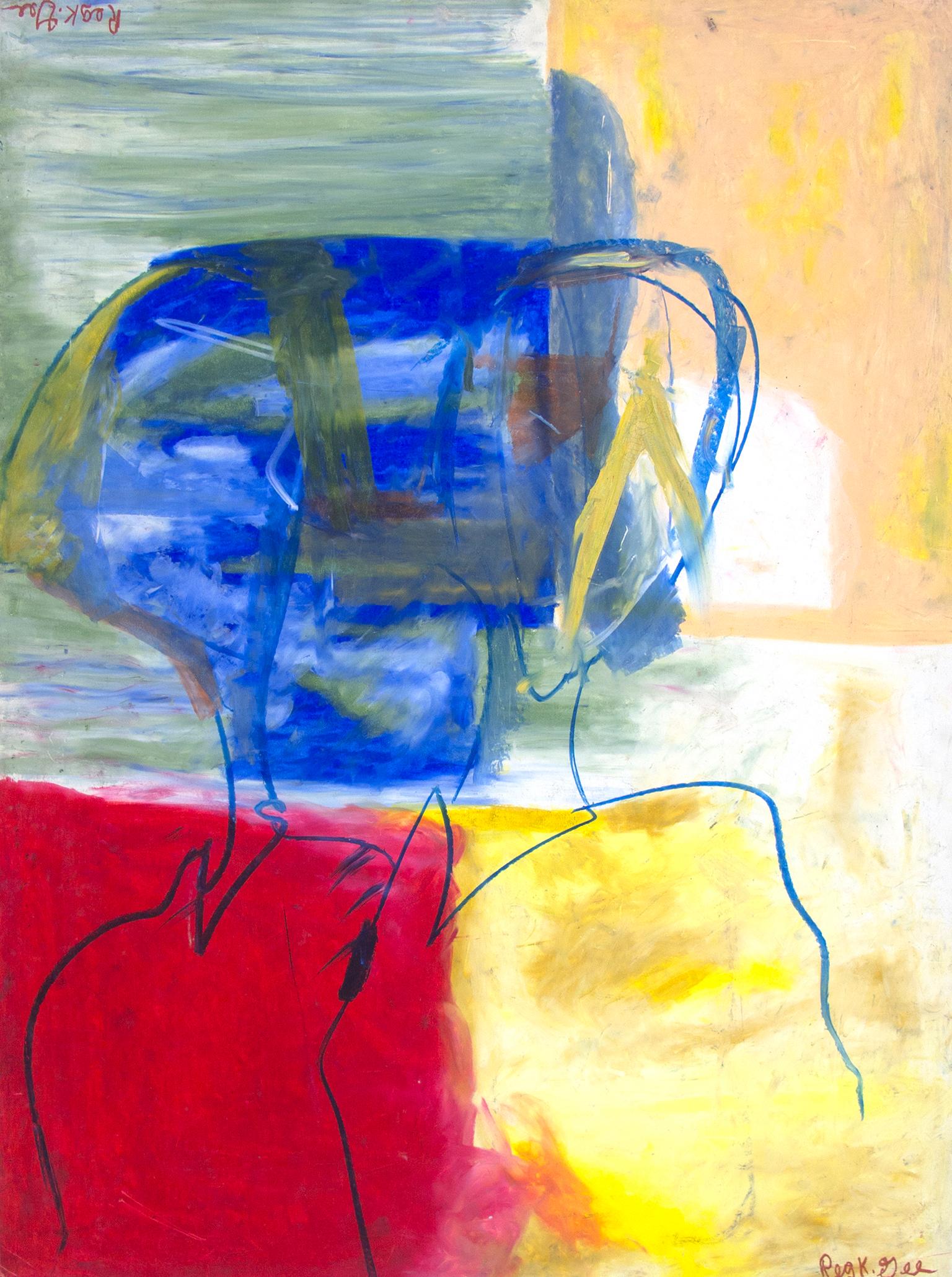"Upside Down Couple Strolling to Lunch" is an original oil pastel drawing on illustration board by Reginald K. Gee. The artist signed the piece lower right and upper left. This piece features two abstracted figures over bright, bold colors--blue,