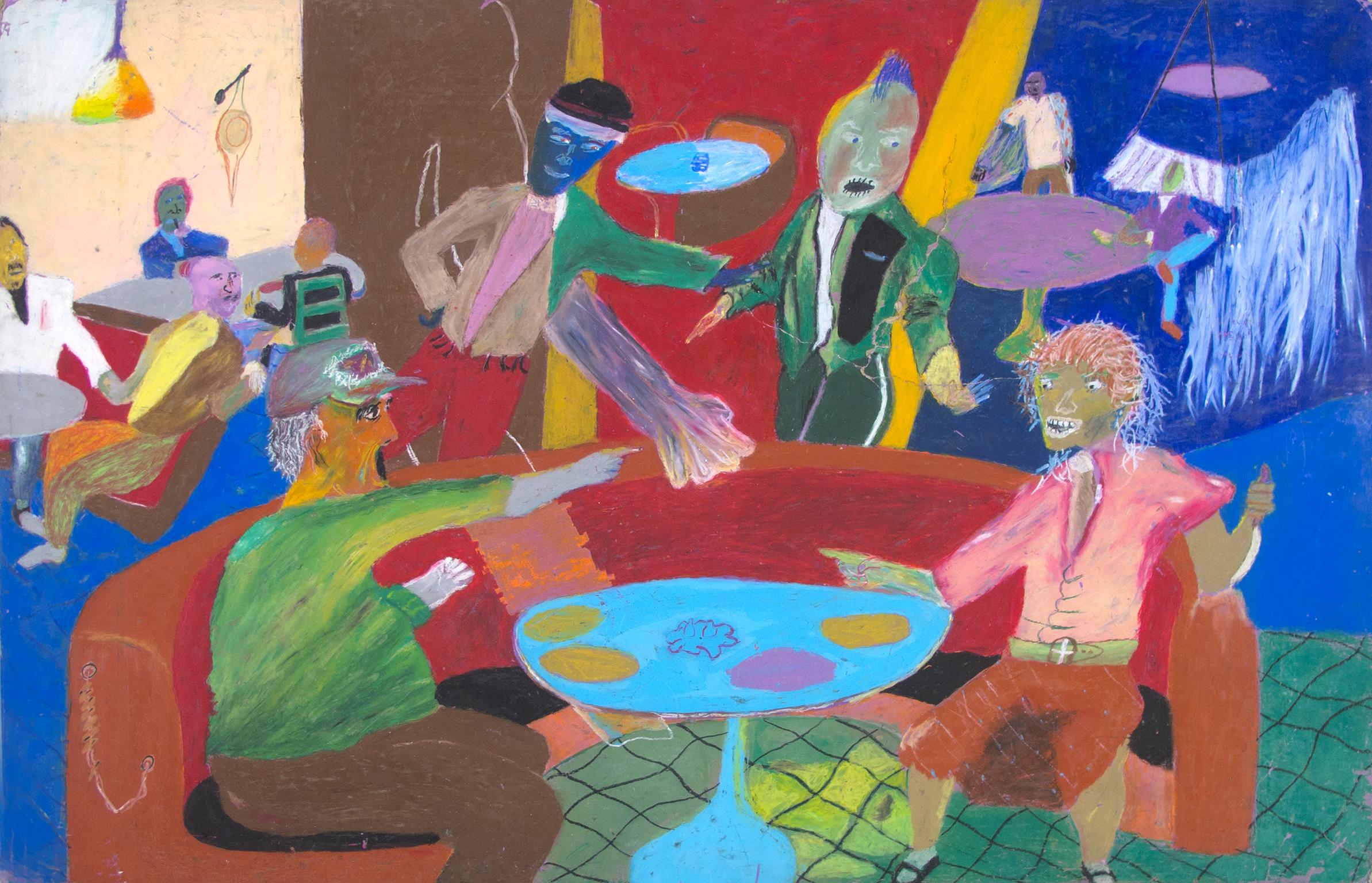 "Faraway From Familiar Sounds" is an original oil pastel drawing on ragboard by Reginald K. Gee. The artist signed the piece on the back. It depicts a number of abstracted figures seated in a diner. 

28" x 44" art

Reginald K. Gee was born in