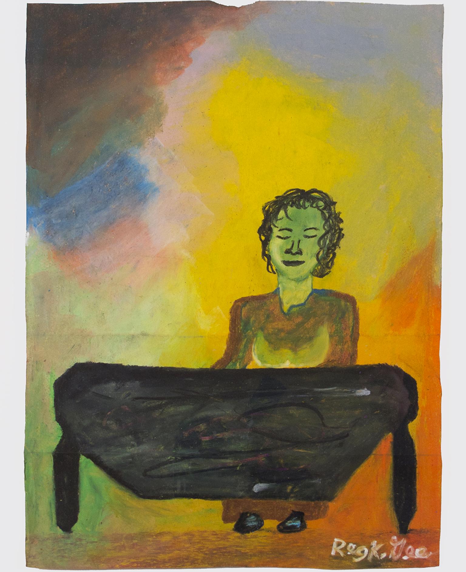 "Sister Vali" est un dessin original au pastel sur sac d'épicerie de Reginald K. Gee. L'artiste a signé l'œuvre en bas à droite. Il représente une femme jouant du piano les yeux fermés devant un fond coloré de jaune, orange, vert, bleu et brun. 

16