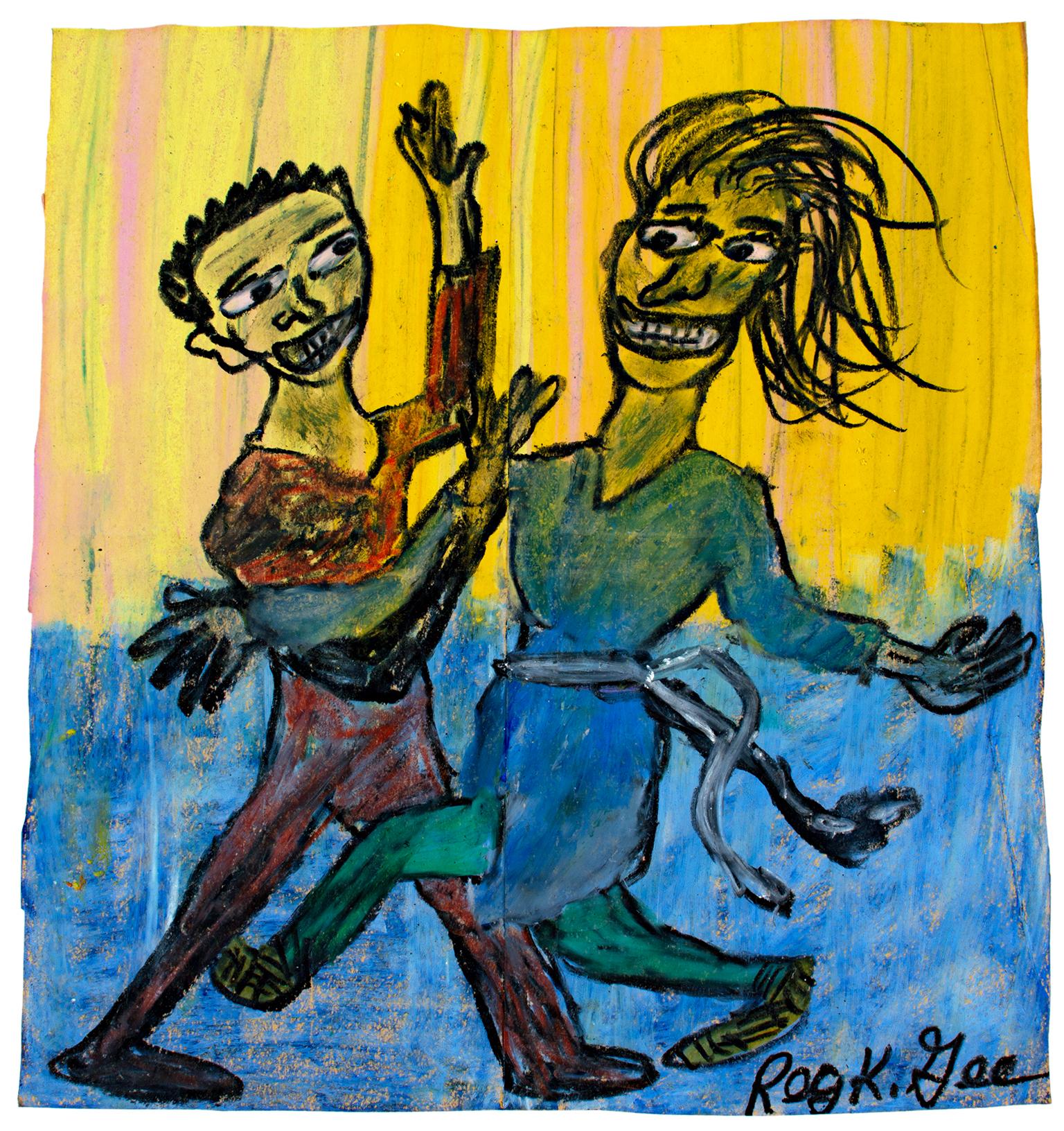 "Dance Studio" ist eine Original-Ölpastellzeichnung auf einer Einkaufstüte von Reginald K.K. Gee. Der Künstler hat das Werk unten rechts signiert und auf der Rückseite signiert und datiert. Es zeigt zwei tanzende Personen in einem gelb-blauen