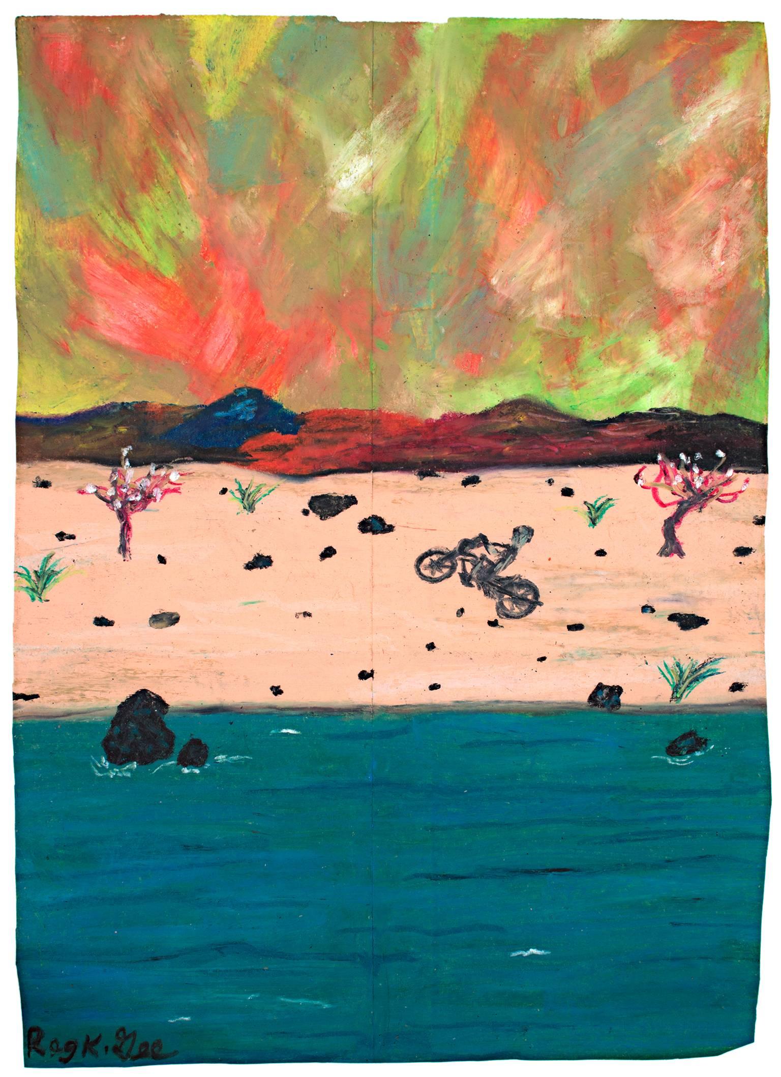 "Whew!" is an original oil pastel drawing on a grocery bag by Reginald K. Gee. The artist signed the piece in the lower left. It depicts a man on a motorcycle doing a wheelie on a beach.

16 3/4" x 12" art
22" x 18" frame
Framed to conservation