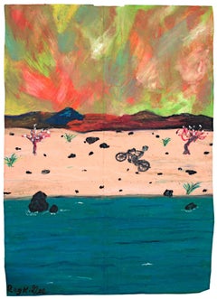 "Whew!, " Oil Pastel on Grocery Bag Landscape signed by Reginald K. Gee