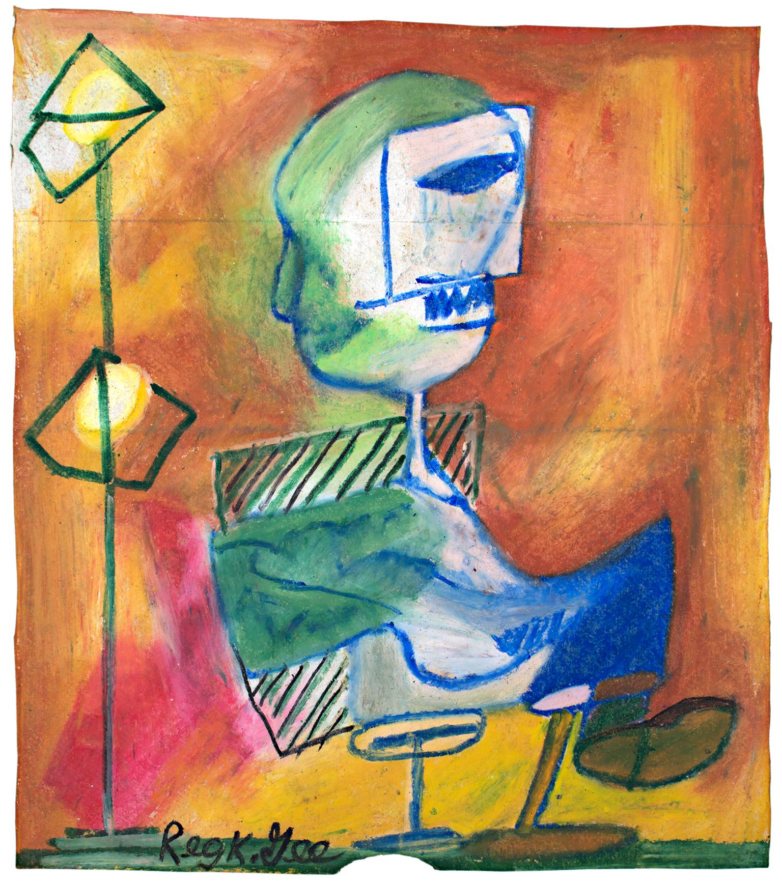 "Seated Figure in Studio" is an original oil pastel drawing on a Safeway grocery bag by Reginald K. Gee. The artist signed the piece lower left. It features an abstracted figure seated in a warmly-lit room. The figure is blue, green, and white, and