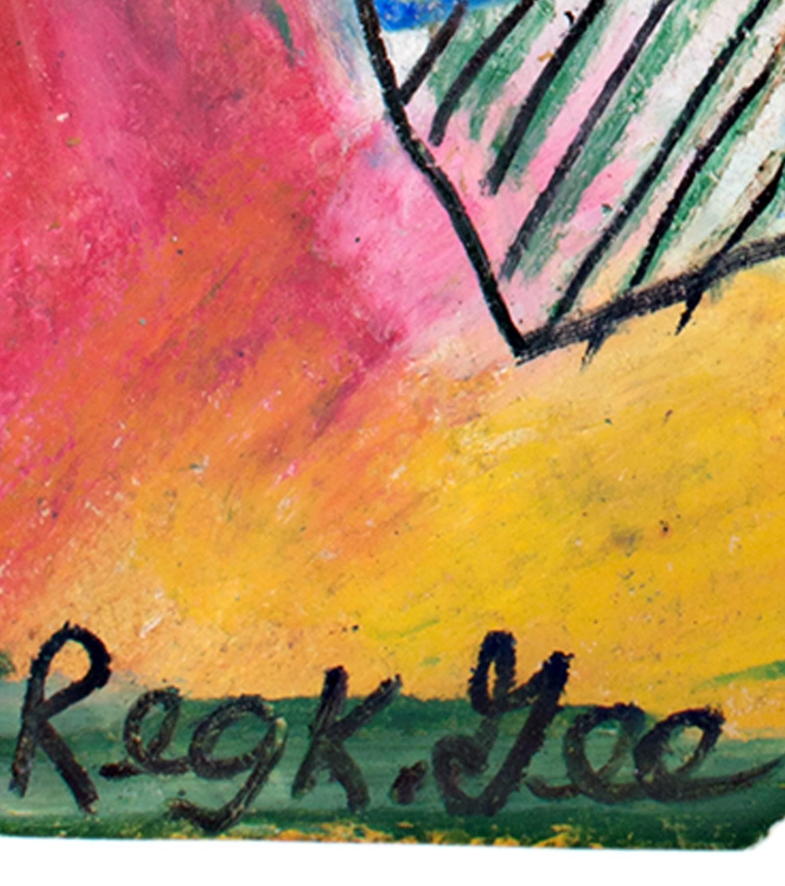 « Figure assise dans l'atelier », « Oil Pastel on Grocery Bag » signé par Reginald K. Gee en vente 1