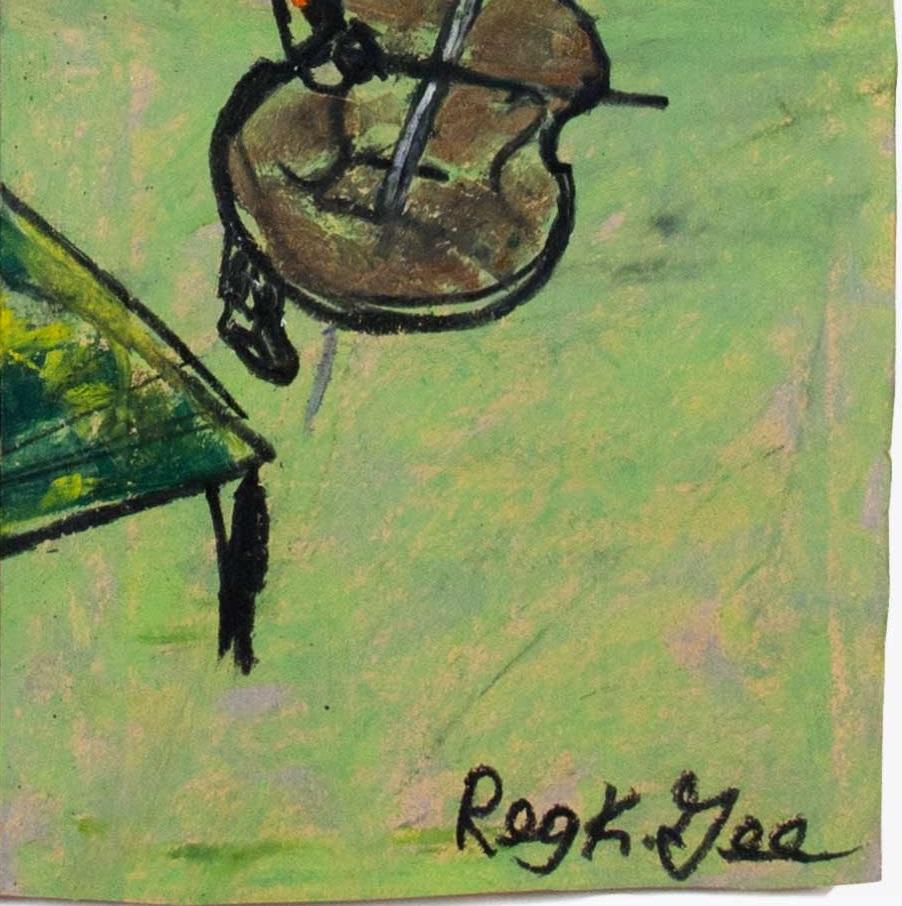 „The Leftovers Trio“ Original-Ölgemäldepastell auf Lebensmitteltasche, signiert und datiert auf der Rückseite (Beige), Abstract Drawing, von Reginald K. Gee