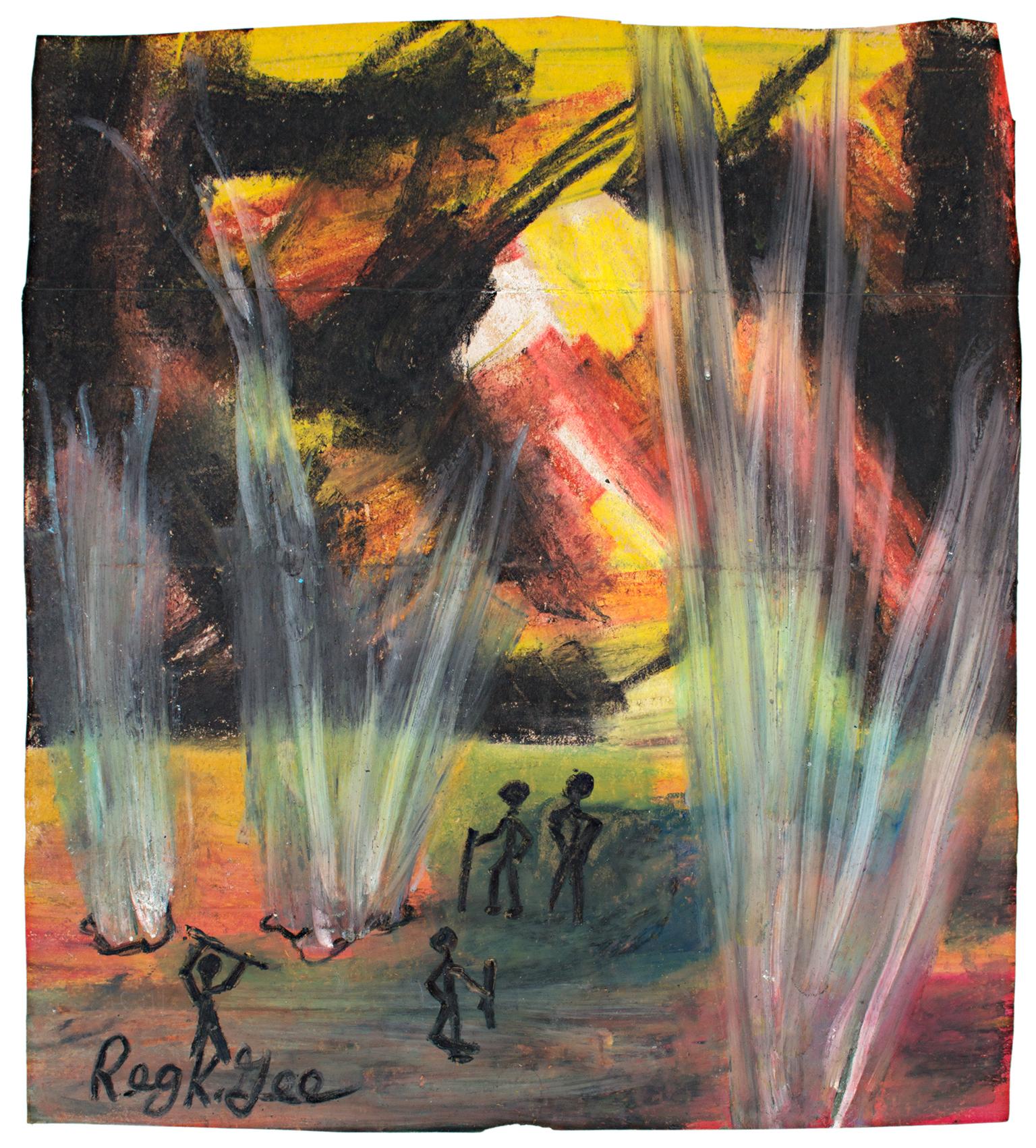 "The Light from Beneath" is an original oil pastel on a grocery bag by Reginald K. Gee. The artist signed the piece lower left. This piece features multiple simplified figures in a dark landscape with light streaming from the ground. The dominant