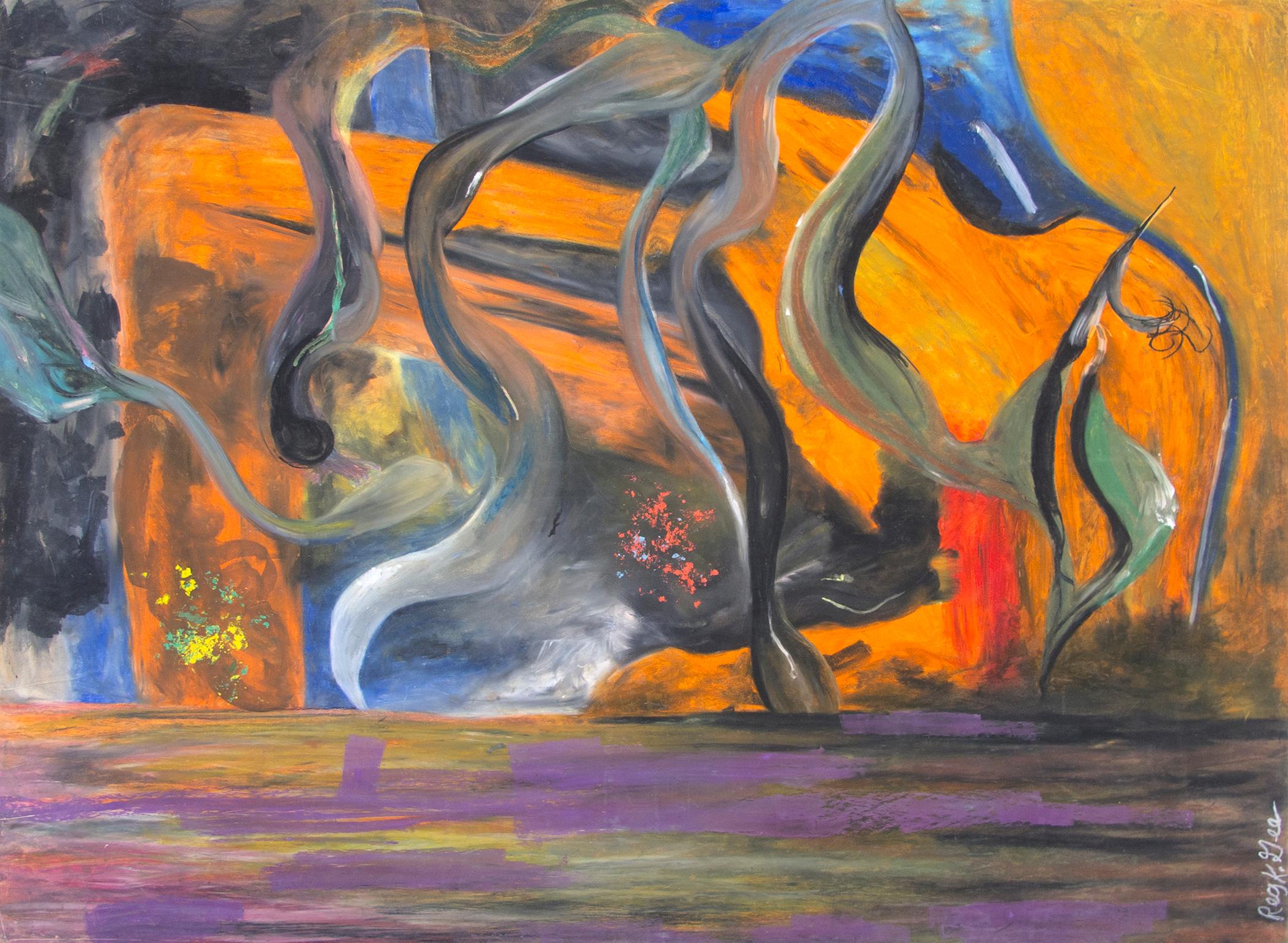 "Not Intended For Office Viewing Series, Section F" est un dessin original au pastel gras sur carton d'illustration de Reginald K. Gee. L'artiste a signé l'œuvre en bas à droite. Cette pièce présente un paysage abstrait en orange, bleu et violet.
