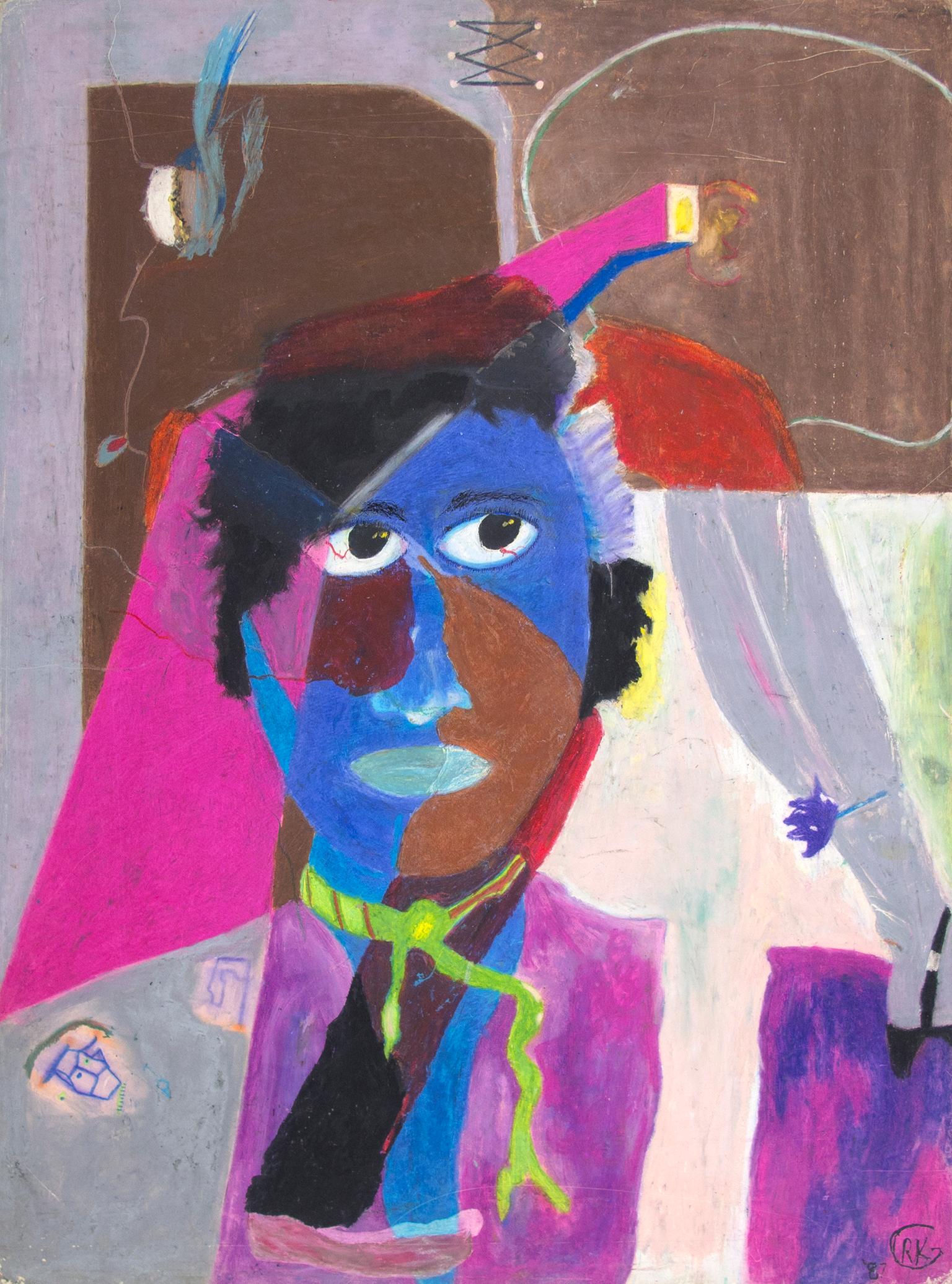 "The Sound of Color" is an original oil pastel drawing on illustration board by Reginald K. Gee. The artist initialed the piece lower right. This piece features an abstract figure in pink, purple, and blue in front of a brown and gray background.