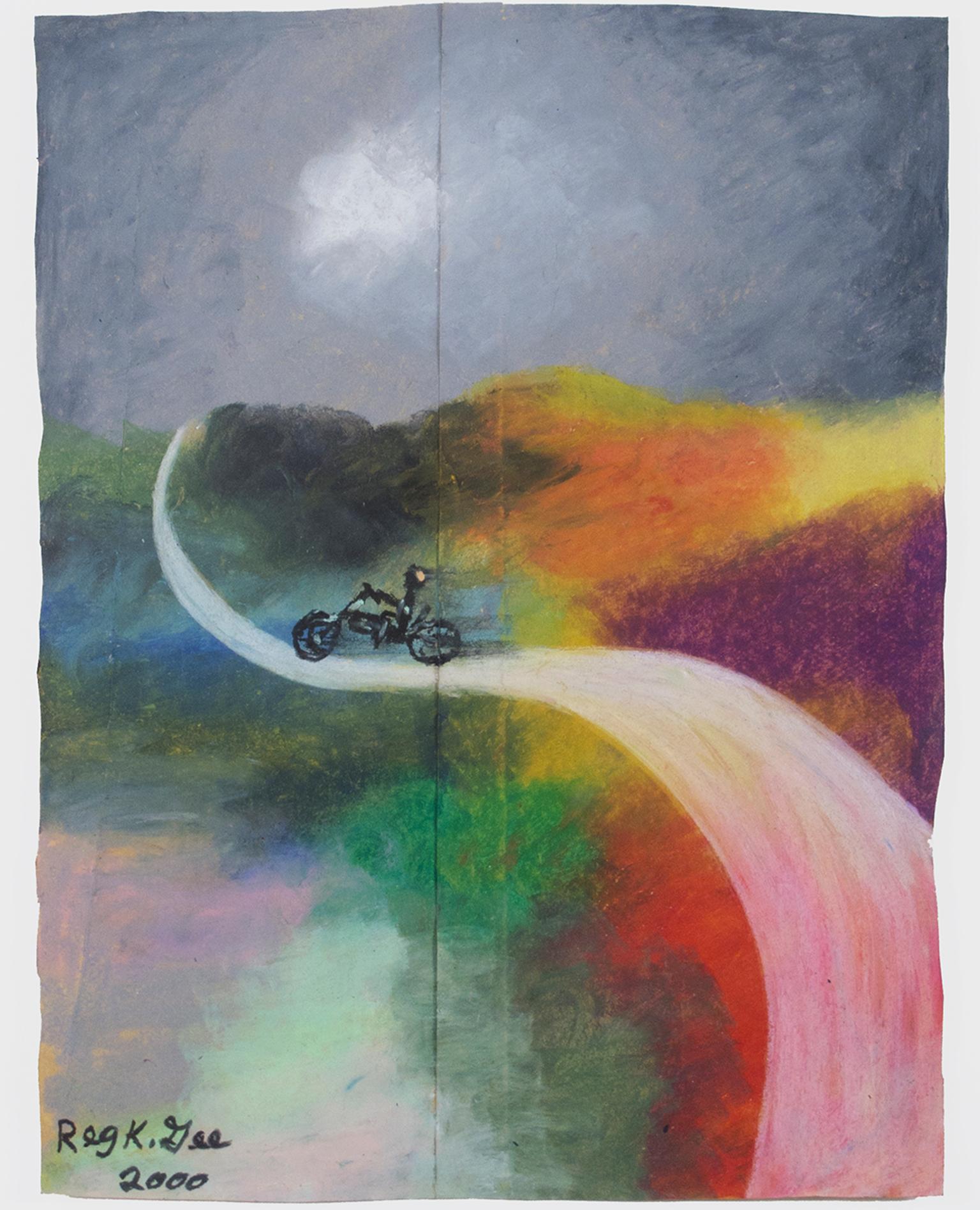 "Oblivion Road" es un dibujo original al pastel al óleo sobre bolsa de supermercado de Reginald K. Gee. El artista firmó la pieza abajo a la izquierda y la fechó. Presenta una figura en una motocicleta sobre un paisaje con los colores del arco iris.