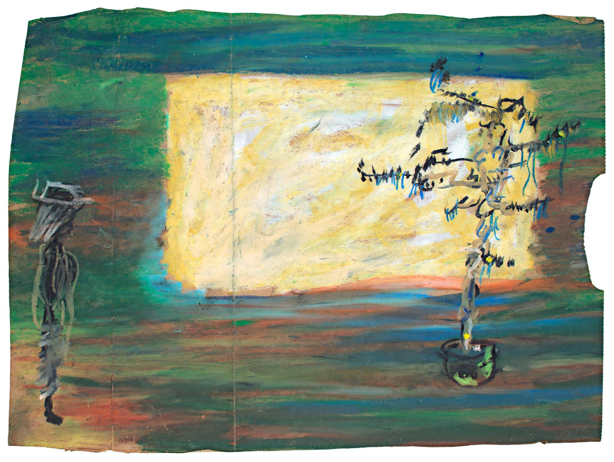 "Person Vs. Plant Vs. Abstract Canvas on Blased Wall" is an original oil pastel drawing on a grocery bag by Reginald K. Gee. The artist signed the piece on the back. This piece features an abstract figure in a hat on the left, a nearly leafless tree