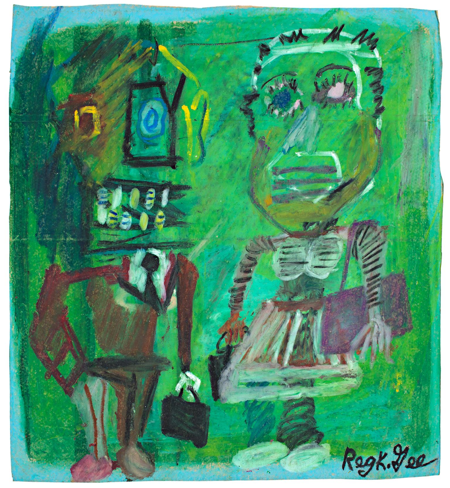 "Comedians at the Airport" is an original oil pastel drawing on a grocery bag by Reginald K. Gee. The artist signed the piece lower right. It depicts two abstracted figures over a field of green. 

13 1/4" x 12" art
custom framing options