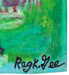 "Comedians at the Airport, " Oil Pastel on Grocery Bag signed by Reginald K. Gee