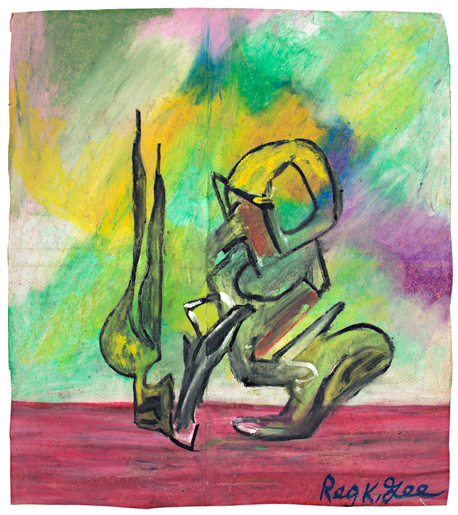 "Sudden Movement" est un dessin original au pastel à l'huile sur un sac d'épicerie de Reginald K. Gee. L'artiste a signé l'œuvre en bas à droite. Cette pièce présente une forme abstraite dans un paysage aride avec un fond rouge et un fond vert,