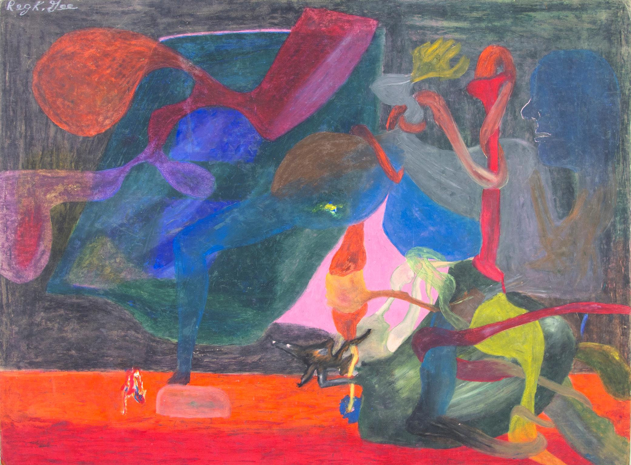 "Therapeutisches Pferdewissen" ist eine Original-Ölpastellzeichnung auf Karton von Reginald K. Gee. Der Künstler hat das Werk oben links signiert. Dieses Werk zeigt eine surreale und abstrakte Umgebung mit leuchtenden Farben und abstrakten Figuren.