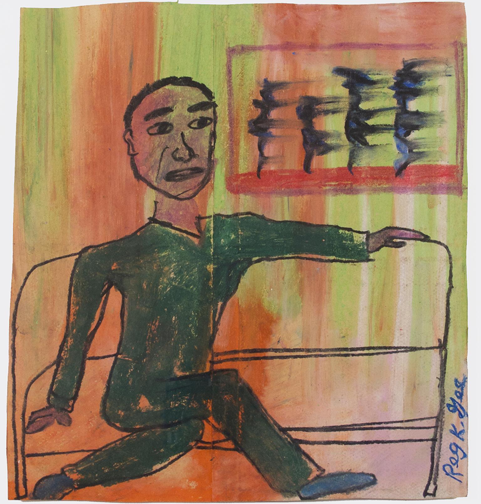 "Man on Express" is an original oil pastel drawing on a grocery bag by Reginald K. Gee. The artist signed the piece in the lower right margin. It features a man in a green suit lounging on a train. The background is neon green and orange. 

13 1/2"