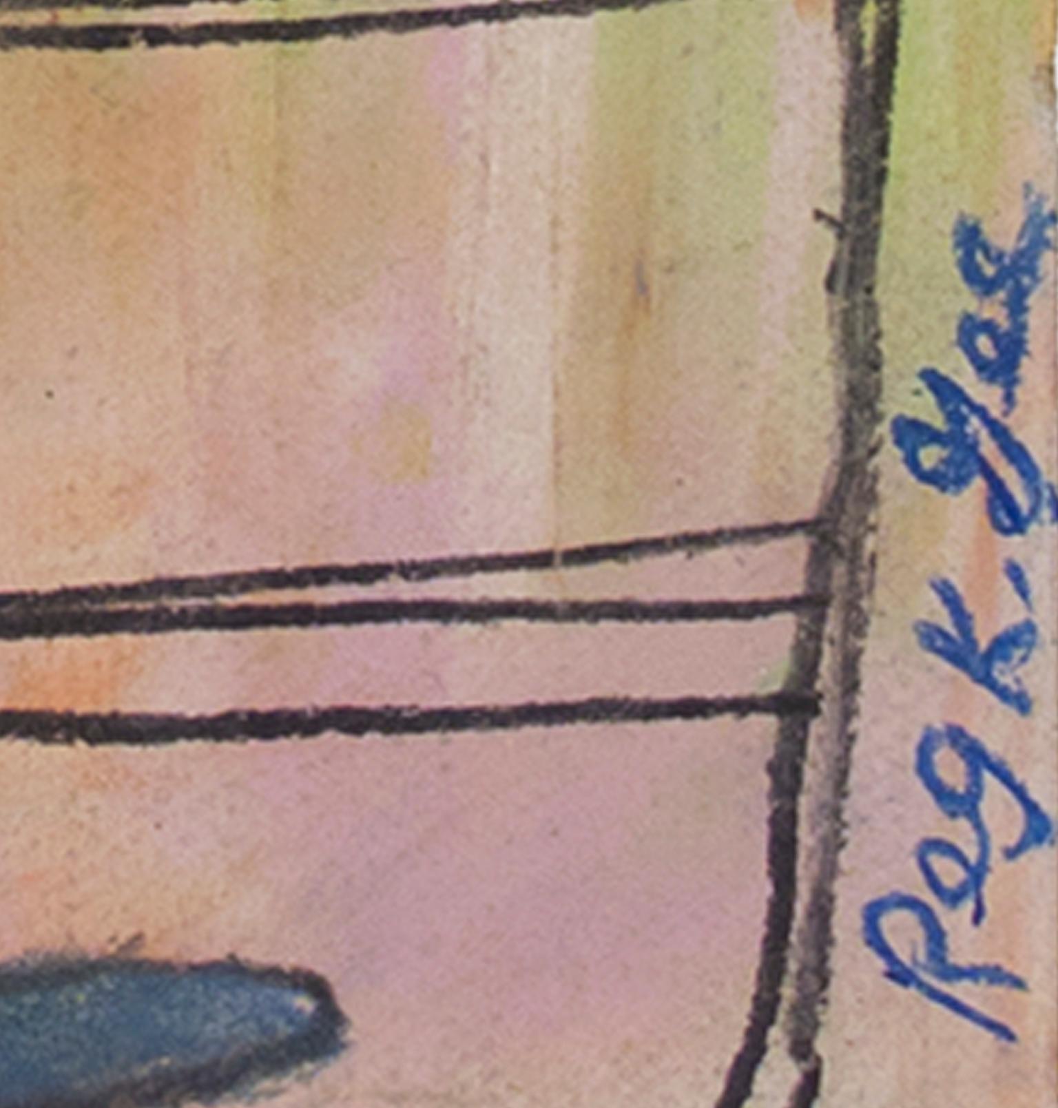 „Man on Express“, Ölpastell-Zeichnung auf Geschirrtasche, signiert von Reginald K. Gee im Angebot 1