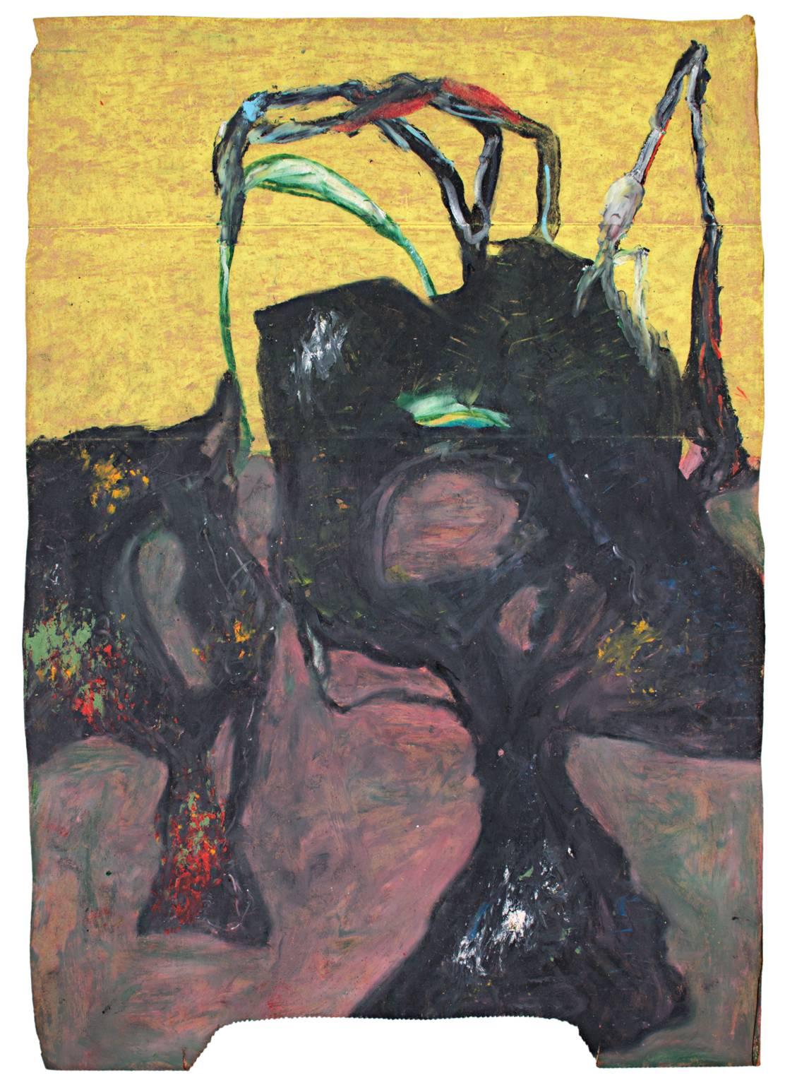 "Hollowsphere" est un dessin original au pastel gras sur un sac en papier de Reginald K. Gee. Il représente des formes abstraites en noir, jaune, vert et rouge. L'artiste a signé l'œuvre au dos. 

16 1/2" x 11 3/4" art

Reginald K. Gee est né à