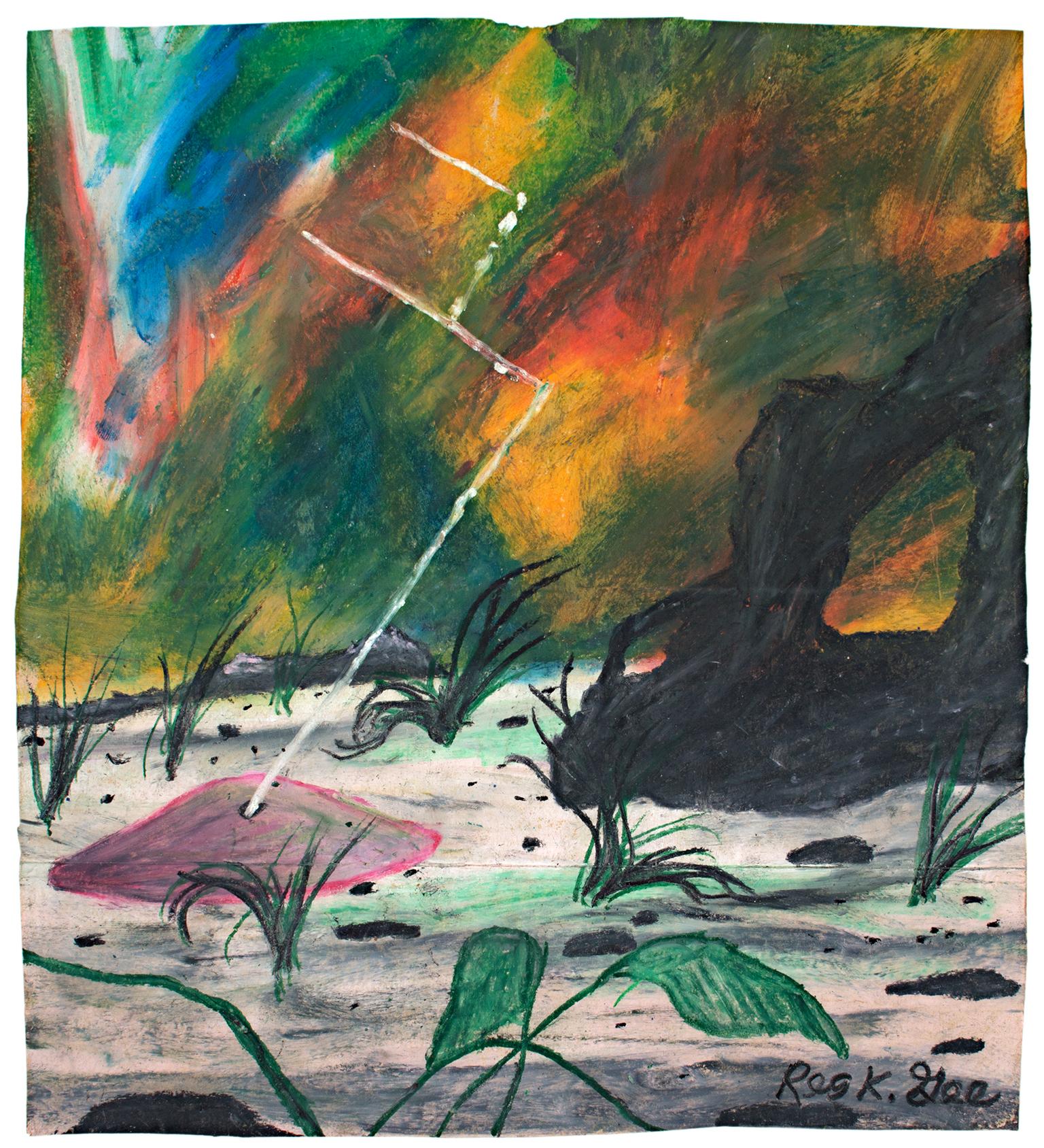 Reginald K. Gee Landscape Art – „Snapshot Taken of Saucer Touchdown“ Ölpastell auf Geschirrtasche von Reginald K Gee