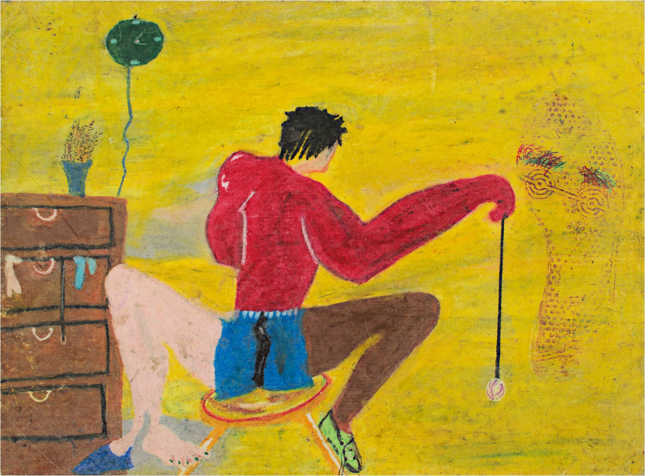 "The Lost Craft" is an original pastel drawing on canvas panel by Reginald K. Gee. The artist signed the piece on the back. This features a man seated on a stool in a yellow interior with a dresser and two differently colored legs. There is a shoe