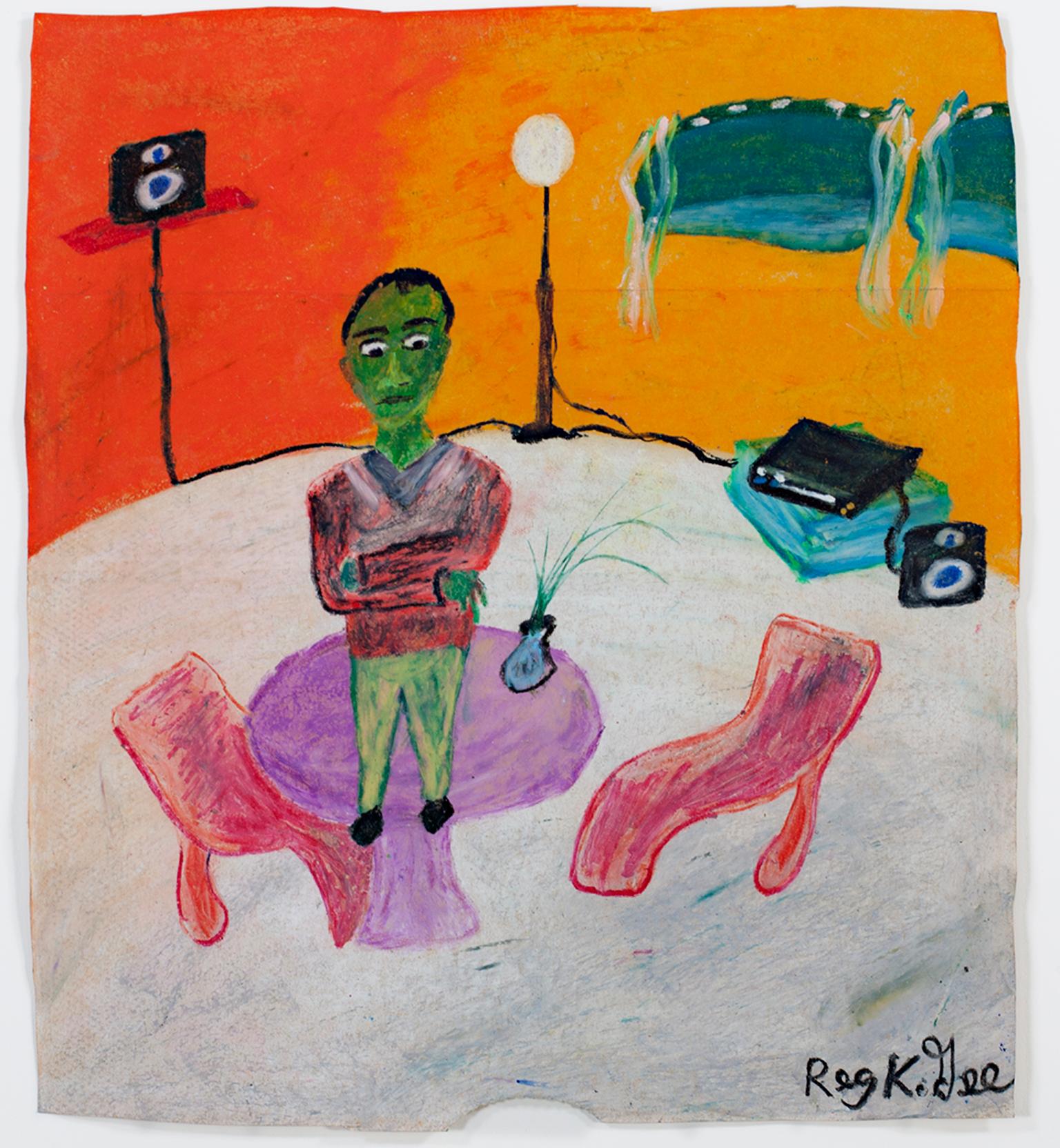 "Floor Phobic" est un dessin original au pastel gras de Reginald K. Gee. L'artiste a signé l'œuvre en bas à droite ainsi que la signature et la datation au dos. Cette pièce représente un homme à la peau verte debout sur une table à l'intérieur de sa