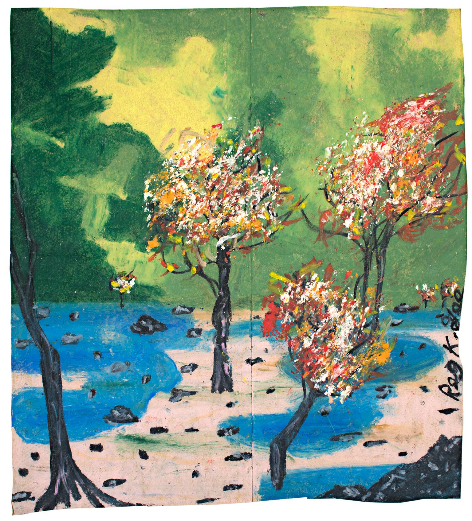 "Smile Park" ist eine Original-Ölpastellzeichnung auf einer Einkaufstüte von Reginald K. Gee. Der Künstler signierte das Werk unten rechts und datierte es auf der Rückseite. Es zeigt Herbstlaub an den Bäumen und einen grünen Himmel. 

13 1/4" x 12"