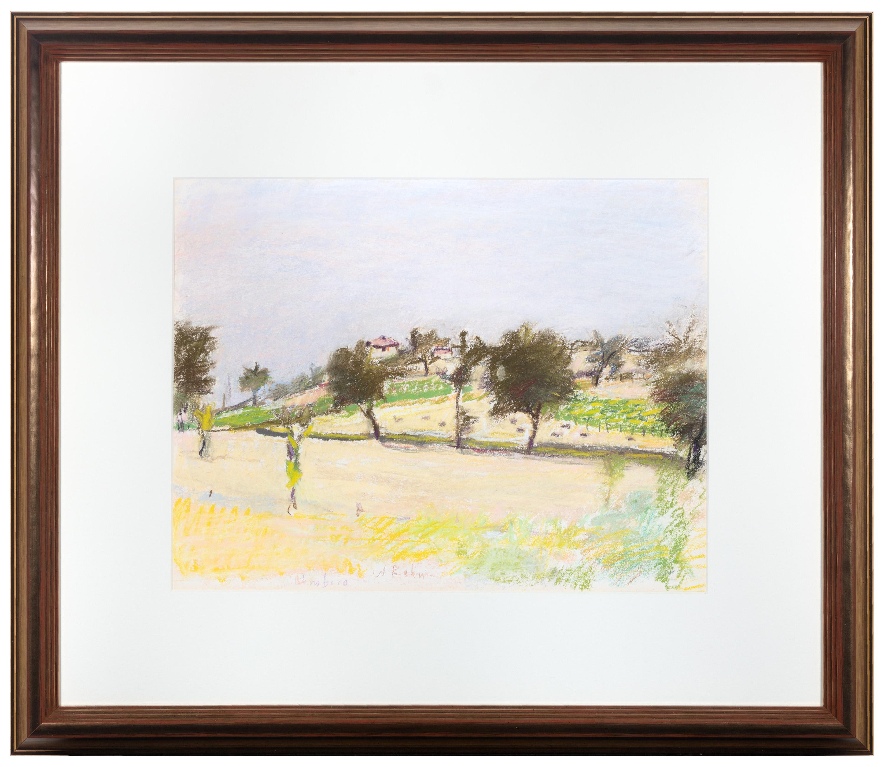 "Umbria" is a landscape pastel by American artist Wolf Kahn. Green hills and trees dominate the composition as a light blue sky evens it out almost exactly in the middle. Titled and signed on bottom center.

10 1/2" x 13 1/2" art
17 5/8" x 20 1/2"