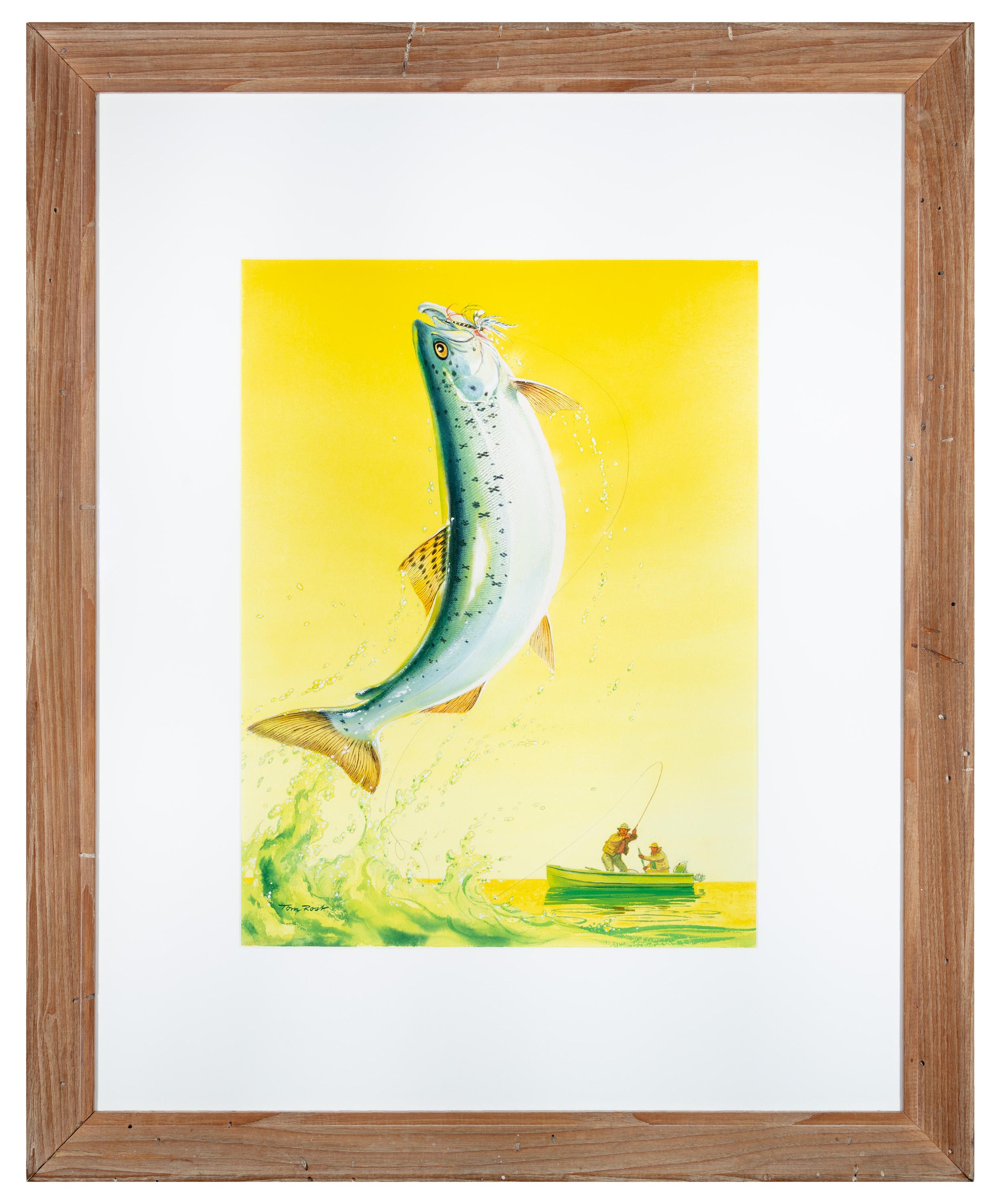 « Catching A Fish » (attraper un poisson), gouache et aquarelle, signé