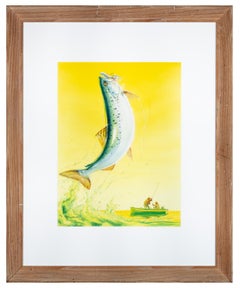 Retro "Catching A Fish, " Gouache and Watercolor, Signed
