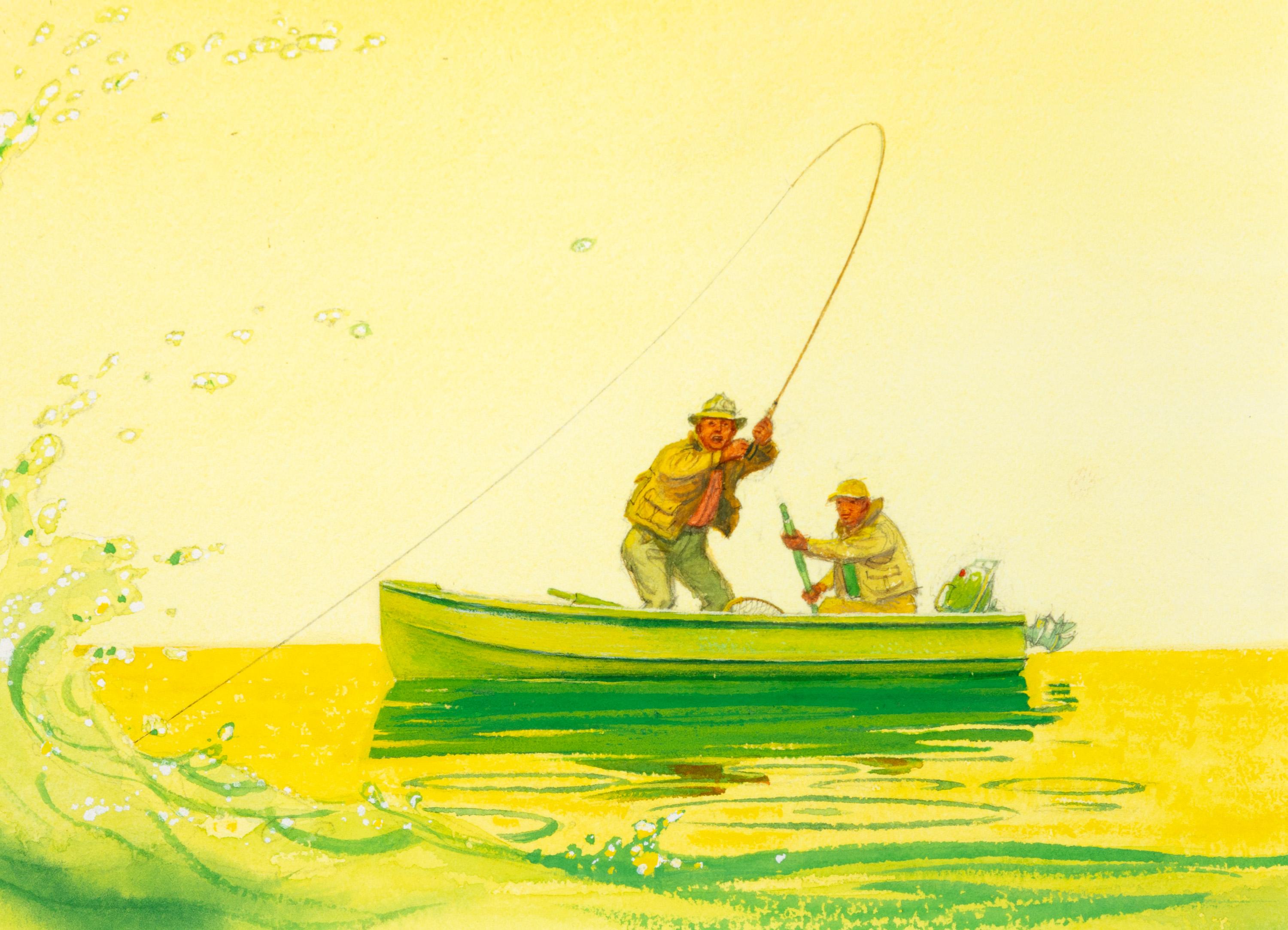 „Catching A Fish“, Gouache und Aquarell, signiert (Amerikanischer Realismus), Art, von Tom Rost
