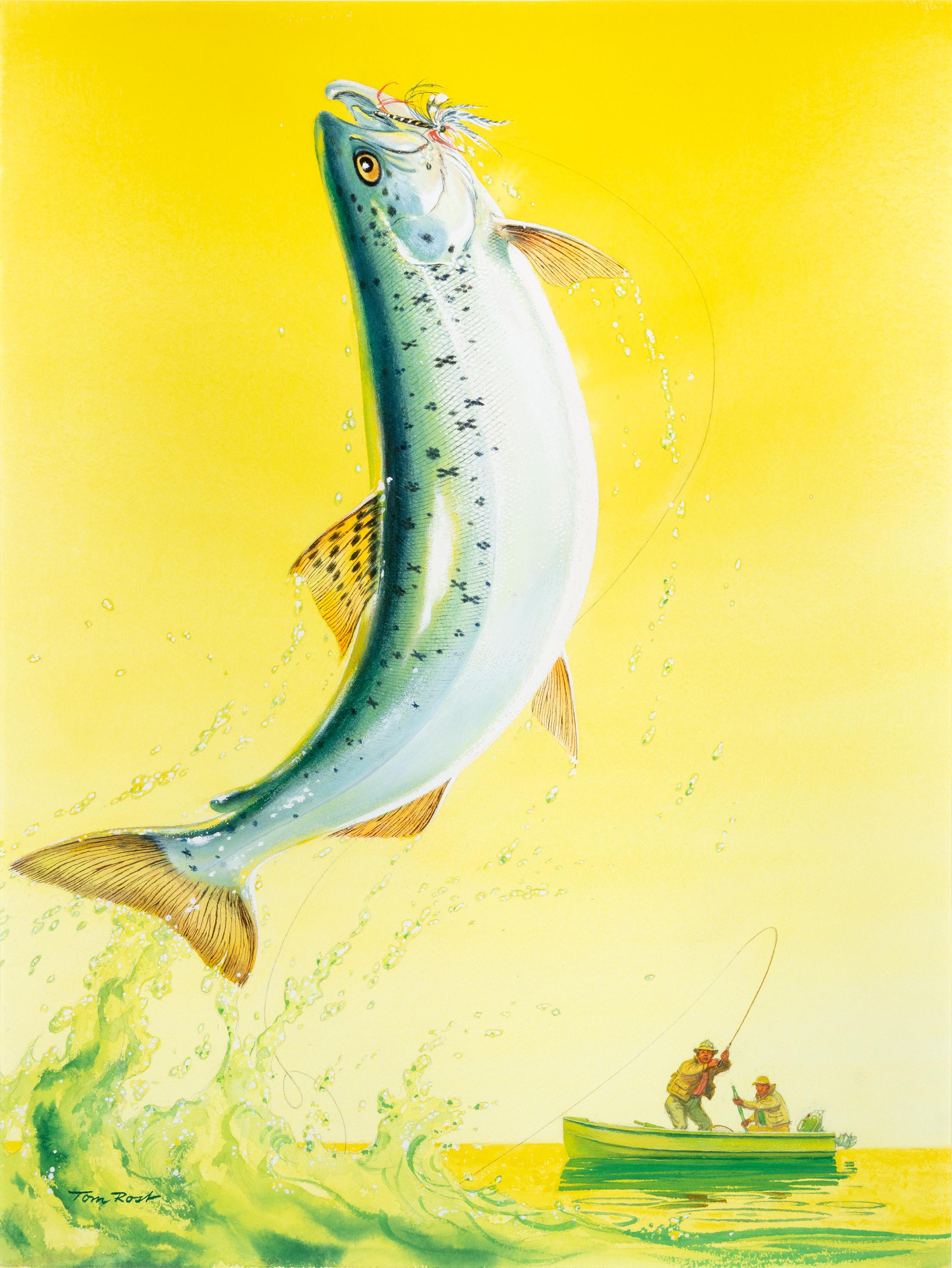 „Catching A Fish“, Gouache und Aquarell, signiert – Art von Tom Rost