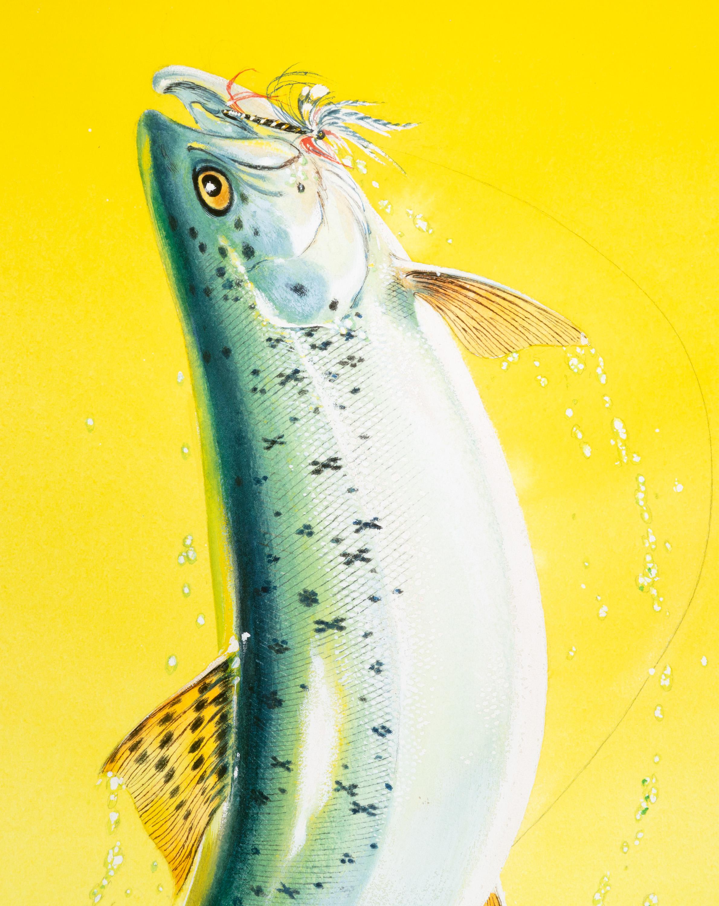 „Catching A Fish“, Gouache und Aquarell, signiert im Angebot 1