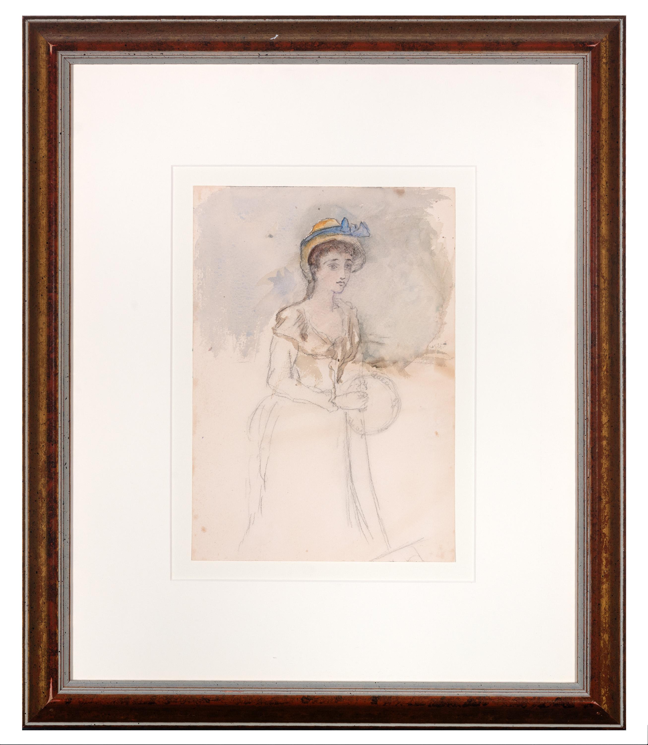 Hannah de Rothschild Figurative Art – „Porträt einer jungen Frau mit Bonnet“, Aquarell