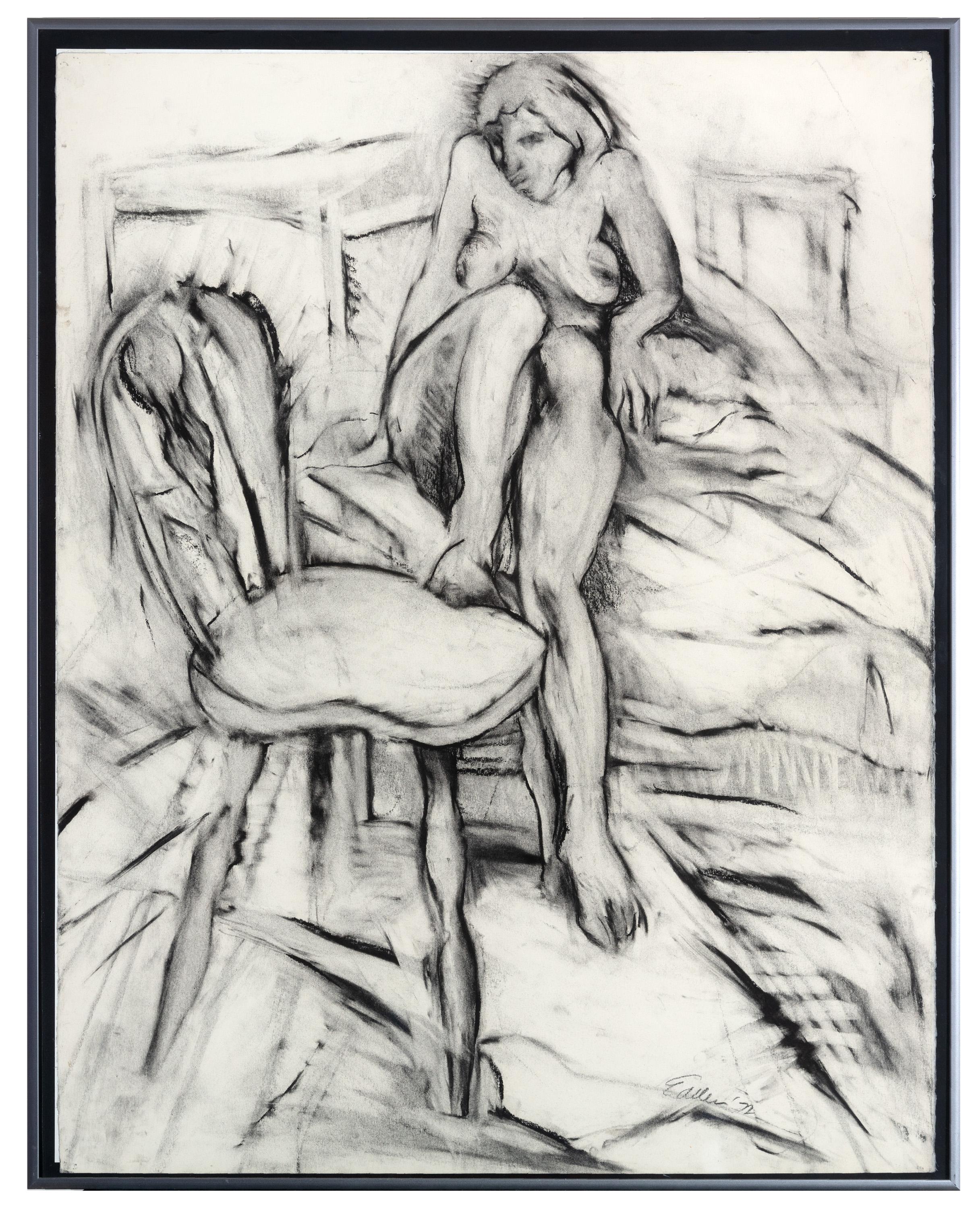 Estherly Allen Nude – „Akt mit Fuß auf Stuhl“, Original-Zeichnung in Holzkohle, signiert