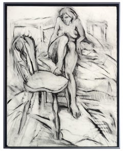 Vintage "Nude, with Foot on Chair, " Original Charcoal Drawing, Signed