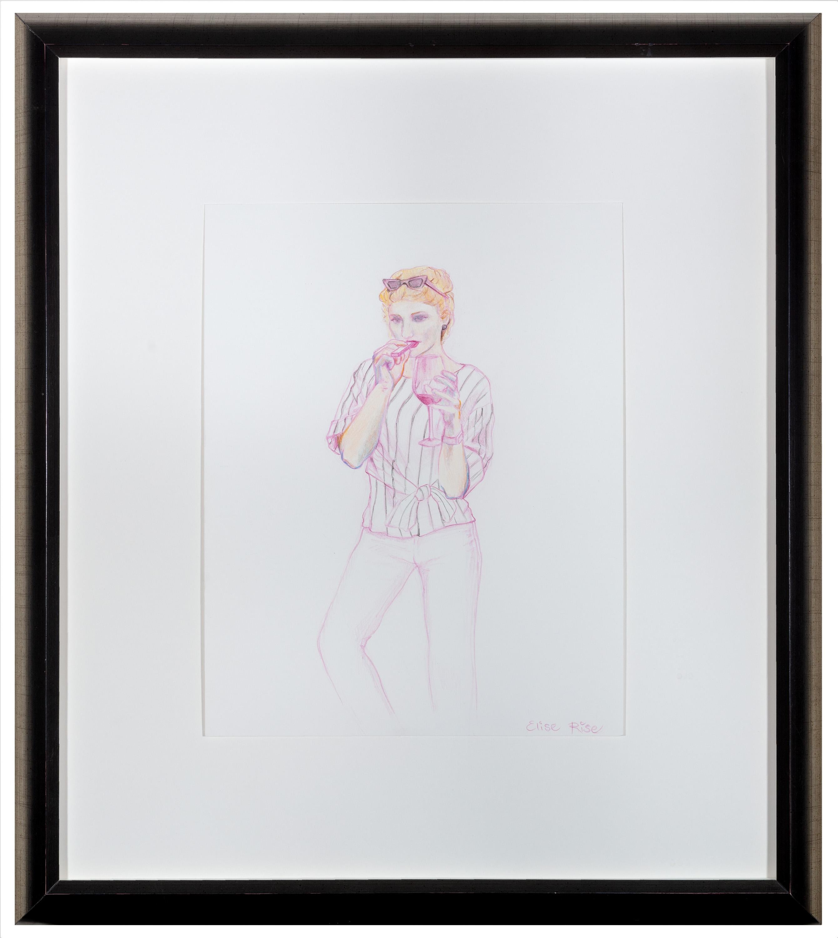 Elise Rise Figurative Art – „Woman Vaping Juul II“ Original-Farbstiftzeichnung aus der Serie „Hinged“