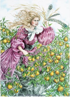 "Changing Woman (Picking Pears), " Mixed Media, Signed