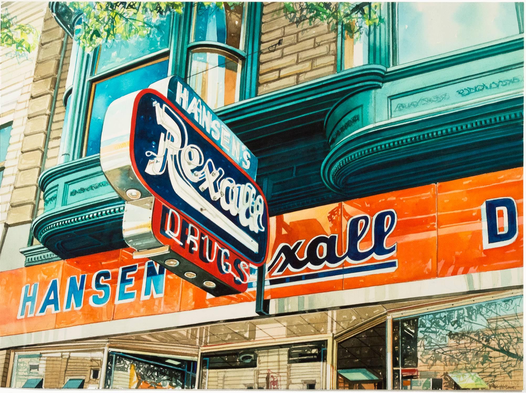 "Hansen's Rexall Drugs" ist ein signiertes Original-Aquarell von Bruce McCombs. Es zeigt die Fassade eines Drogeriemarktes mit seiner Leuchtreklame und den reflektierenden Fenstern. Dieses Gemälde zeigt McCombs' exquisite Aufmerksamkeit für Licht