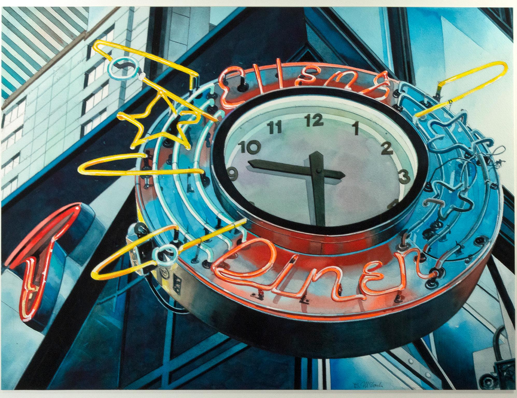 "Ellen's Diner, NYC" is an original photorealist watercolor painting by Bruce McCombs. The artist signed the piece lower right. This piece features a city diner's neon sign and clock. 

22" x 29 1/2" art
25" x 32 1/2" frame

Bruce McCombs has a way