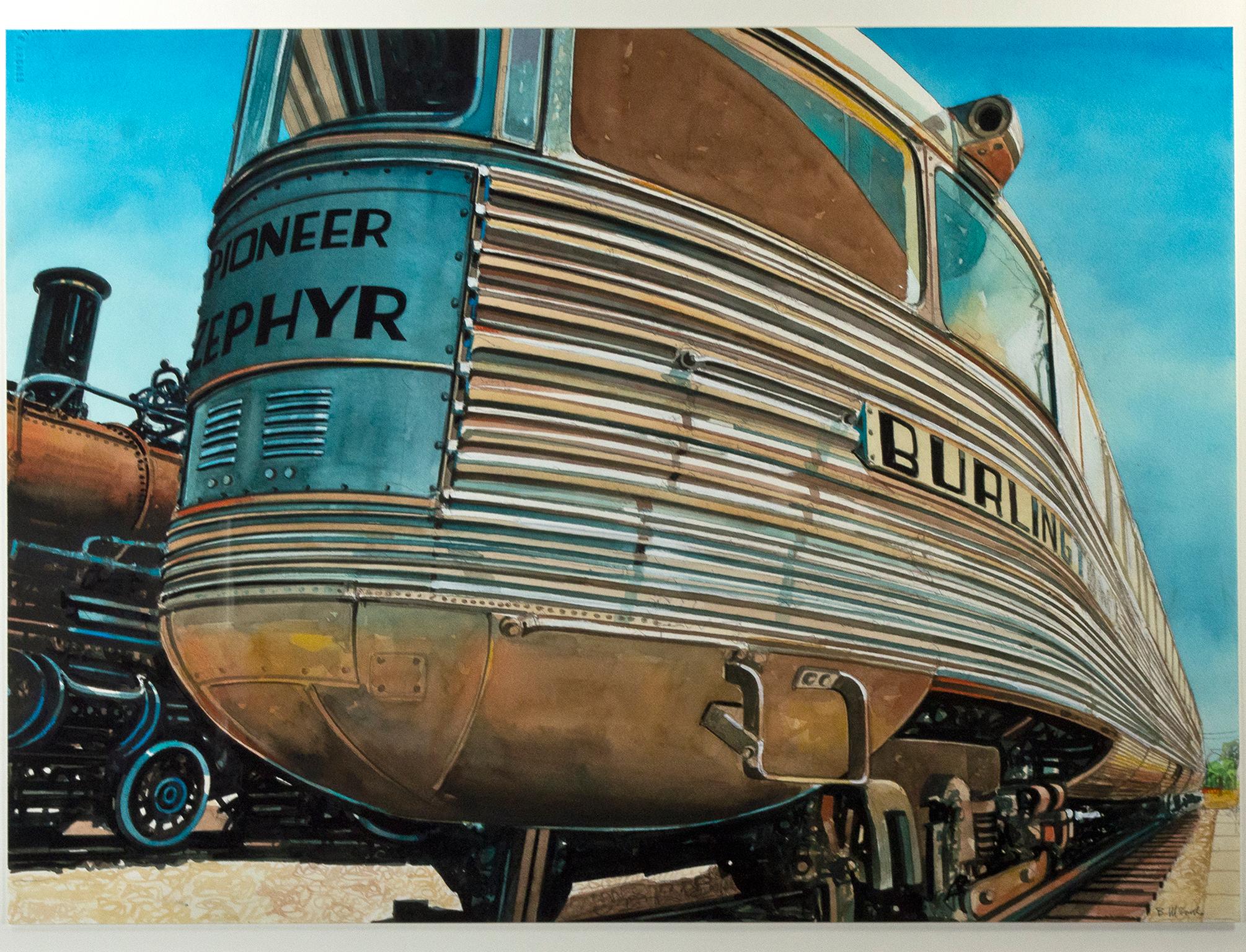 "Pioneer Zephyr" ist ein originales fotorealistisches Aquarell von Bruce McCombs. Der Künstler hat das Werk unten rechts signiert. Dieses Kunstwerk zeigt eine realistische Darstellung eines bronzenen Zuges mit blauem Himmel. 

21 5/8" x 29 1/2"