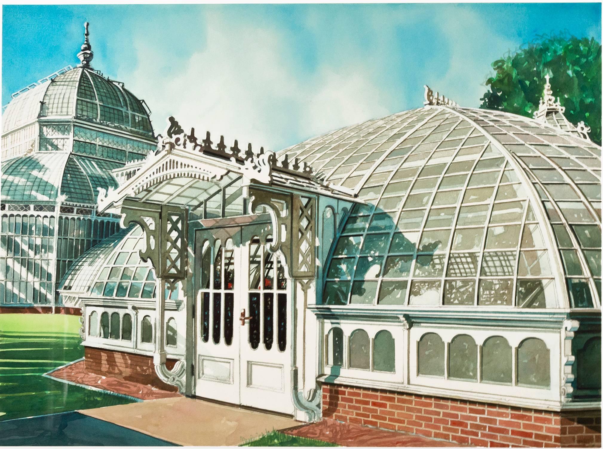 "Golden Gate Park" is an original signed watercolor by Bruce McCombs. It depicts the architecture of two buildings in a park, both feature many repeating windows. This painting displays McCombs' exquisite attention to light, reflection, and detail.