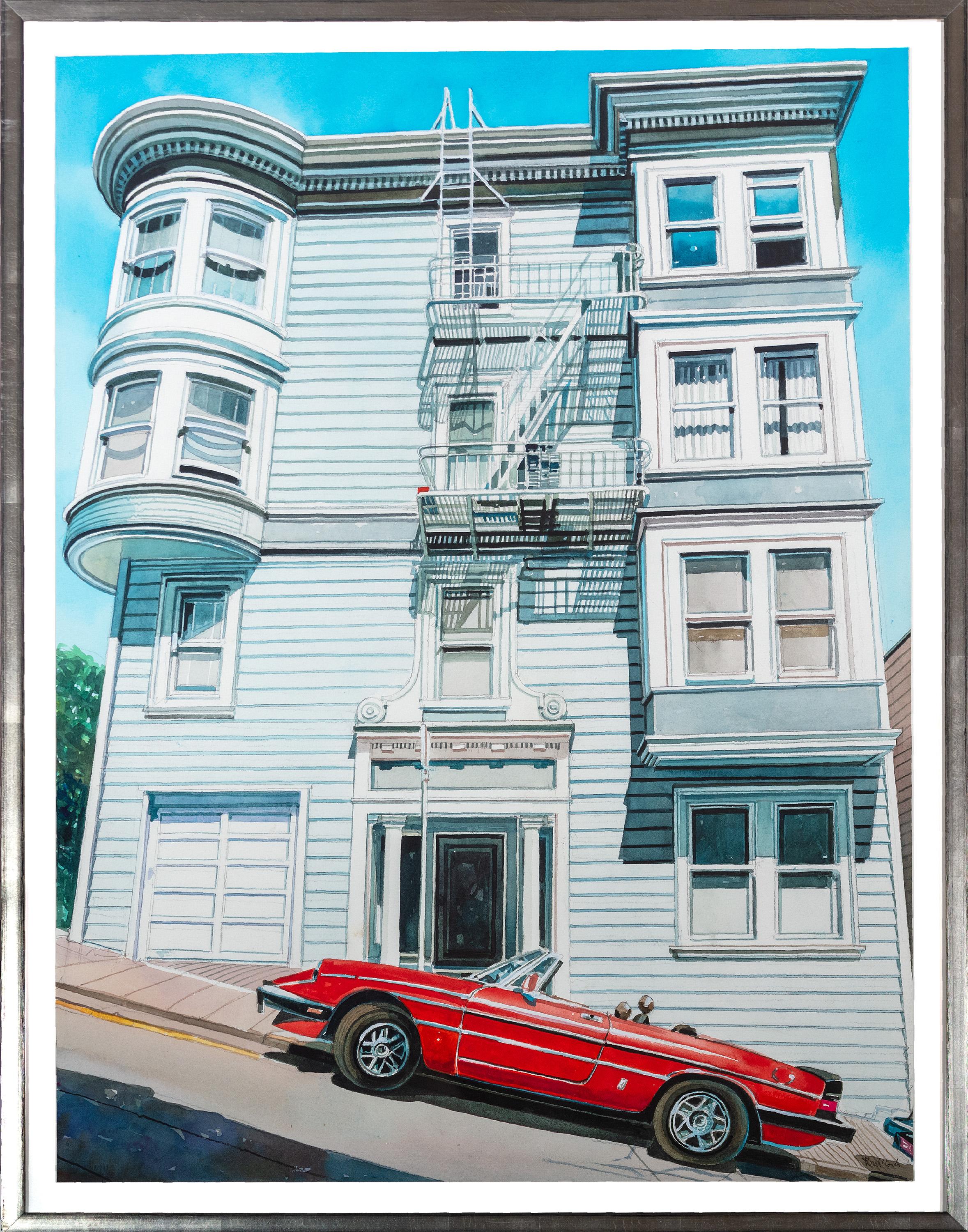 "San Francisco" is an original signed watercolor by Bruce McCombs. It depicts the facade of a house along one of San Francisco's famous steep hills. A gleaming red car is parked in front of the house, and light and shadow are rendered with careful