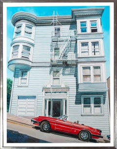 Contemporary Realist Aquarell Malerei Gebäude Haus rot Auto Szene unterzeichnet