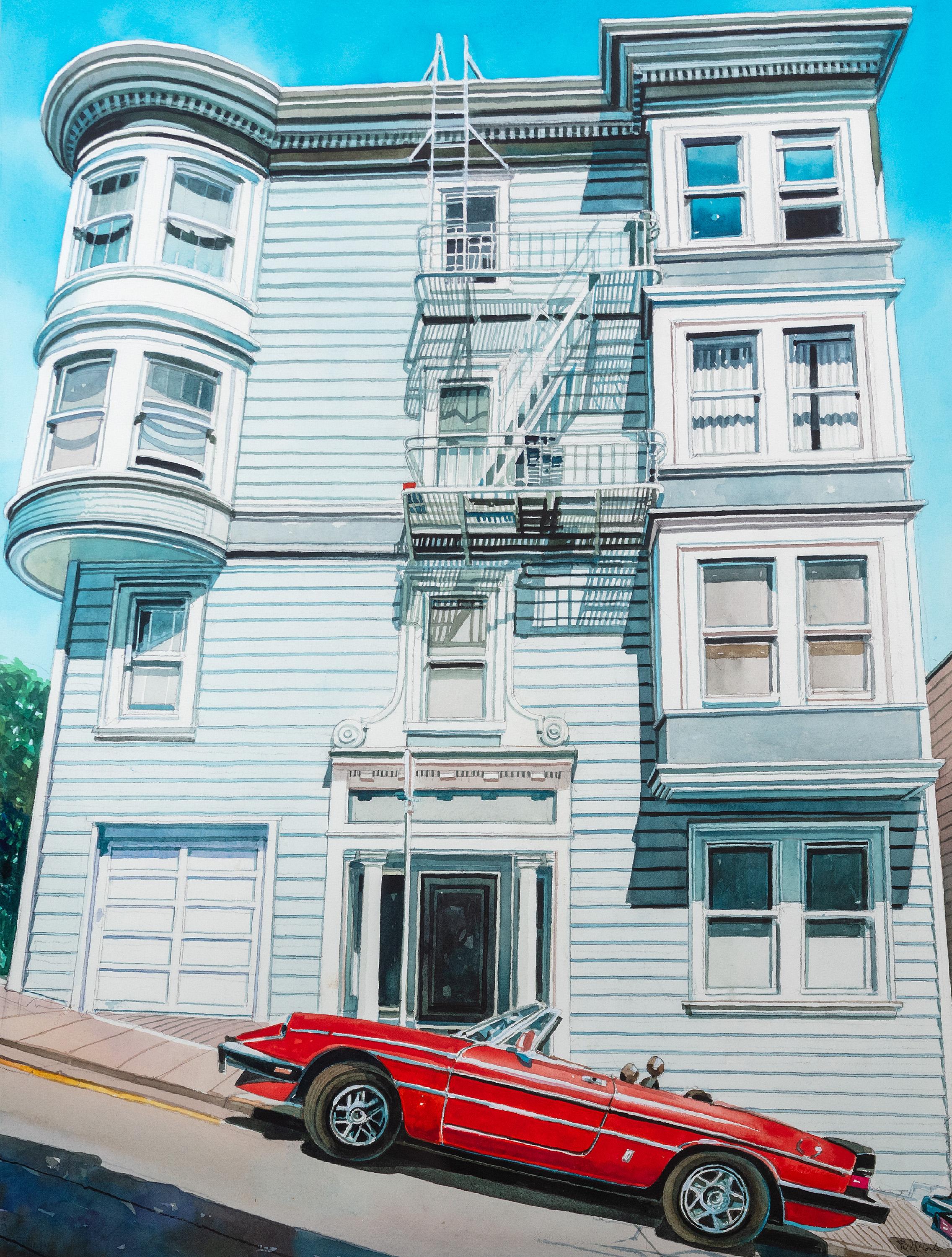 acquerello realista contemporaneo edificio casa rosso auto scena firmata - Art di Bruce McCombs