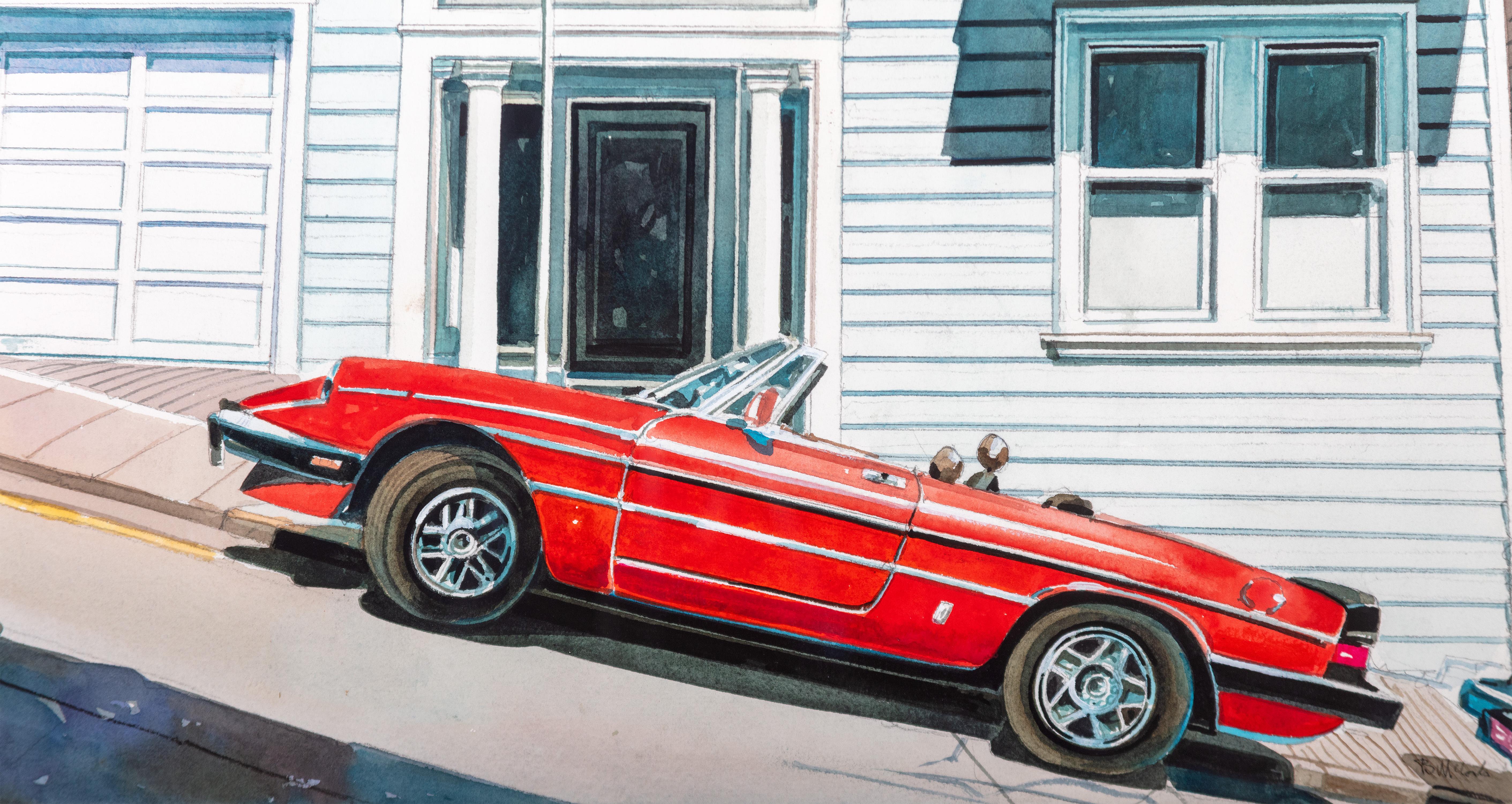 acquerello realista contemporaneo edificio casa rosso auto scena firmata - Art Fotorealista di Bruce McCombs