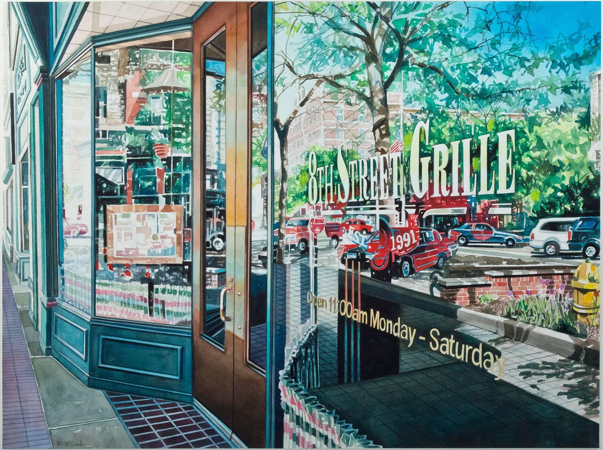 "Reflections 8th Street Grille" is an original signed watercolor by Bruce McCombs. It depicts the storefront window of a cafe. This view does not allow the viewer to see much of the interior--rather, they see the brightly sunlit street behind them.