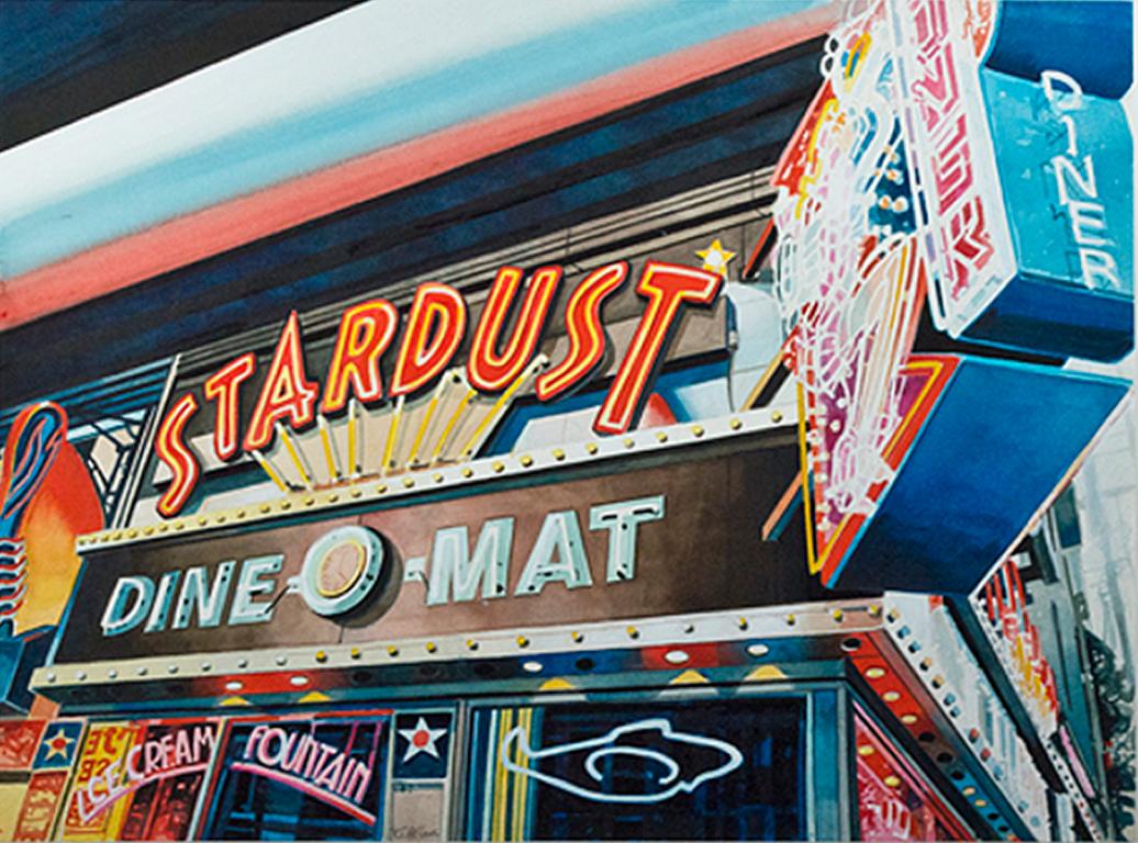 "Stardust Dine-o-Mat" ist ein von Bruce McCombs signiertes Aquarell. Das Äußere des Diners ist mit vielen Neonlichtern versehen, die hell leuchten und widerspiegeln, dass es nachts bemalt wurde. Ein einladender Anblick für Feinschmecker, der sie zu