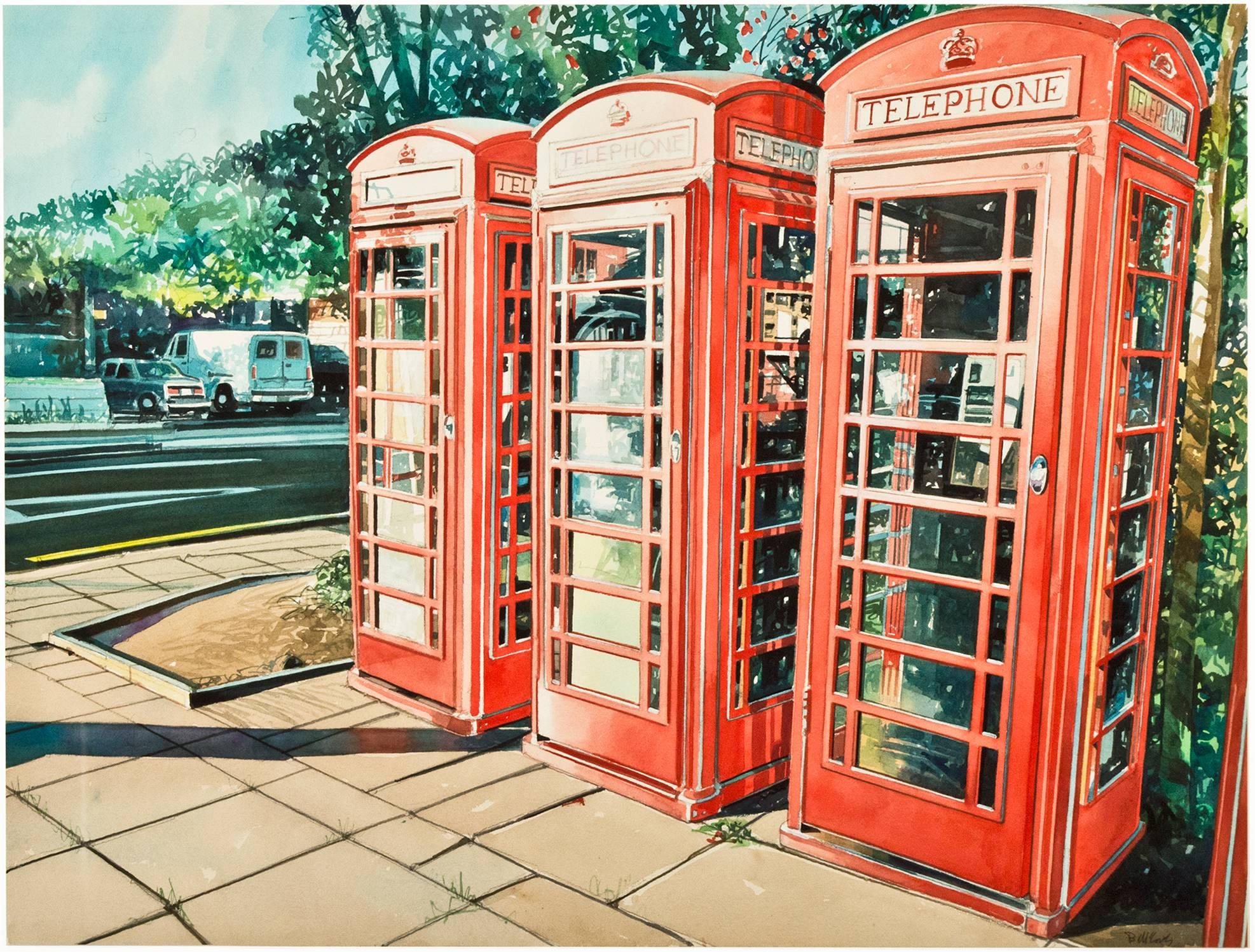 "Red Boxes, Chipping Camden, U.K." is an original signed watercolor by Bruce McCombs. It depicts three red telephone boxes. This painting displays McCombs' exquisite attention to light, reflection, and detail. 

Artwork Size: 29 1/2" x 21 3/4"
Frame