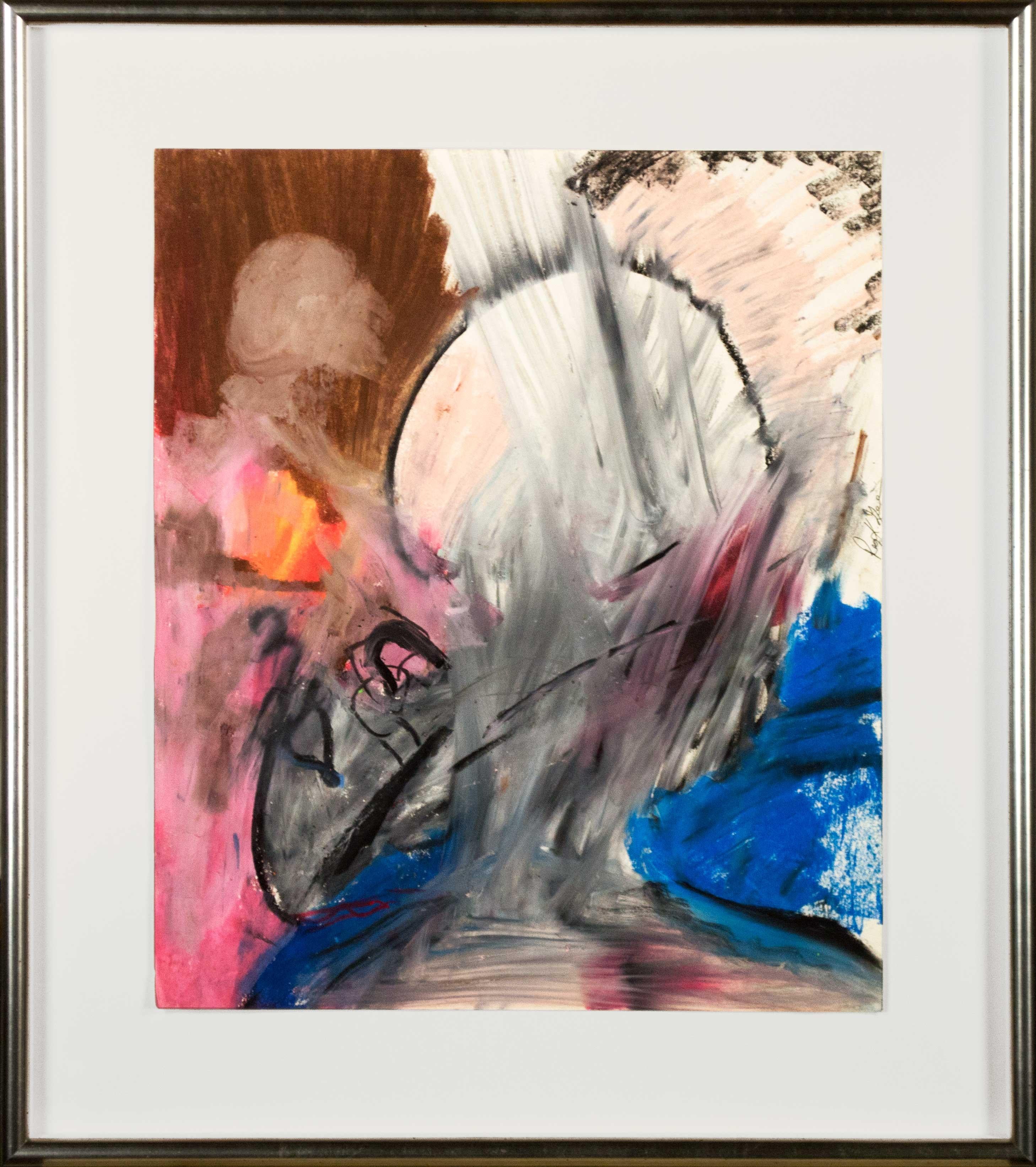 This pastel drawing, 'Abstract Portrait,' demonstrates Reggie K Gee's love of color and love of abstraction. In the image, the form of a head is marked by a black contour; however, any features of the sitter's face have been obscured by Gee's harsh