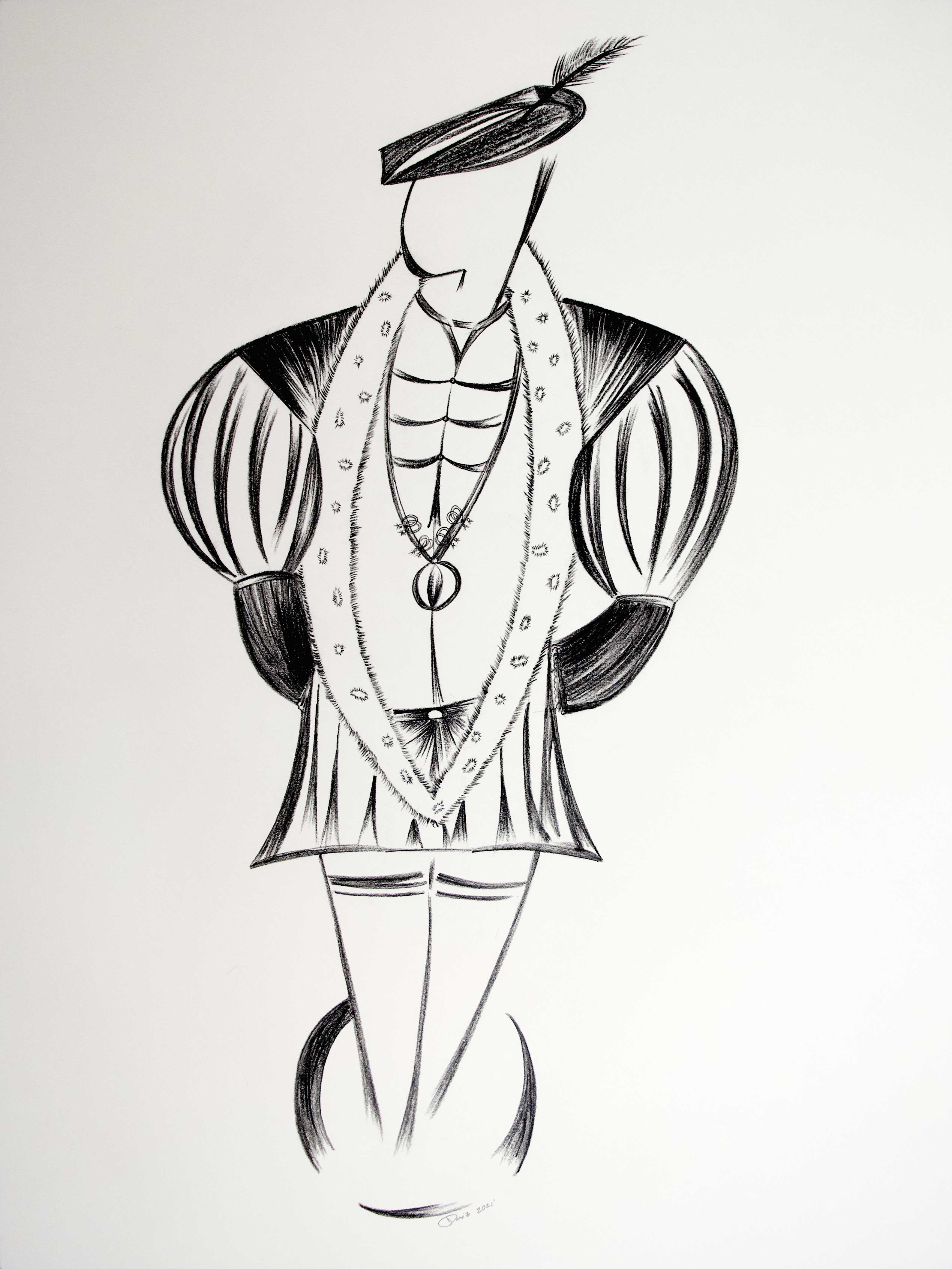 Jorge Ruiz-Martinez Abstract Drawing - 1500s Fashion Art Deco Minimalism Black & White Male Figure Latin Artist Signed